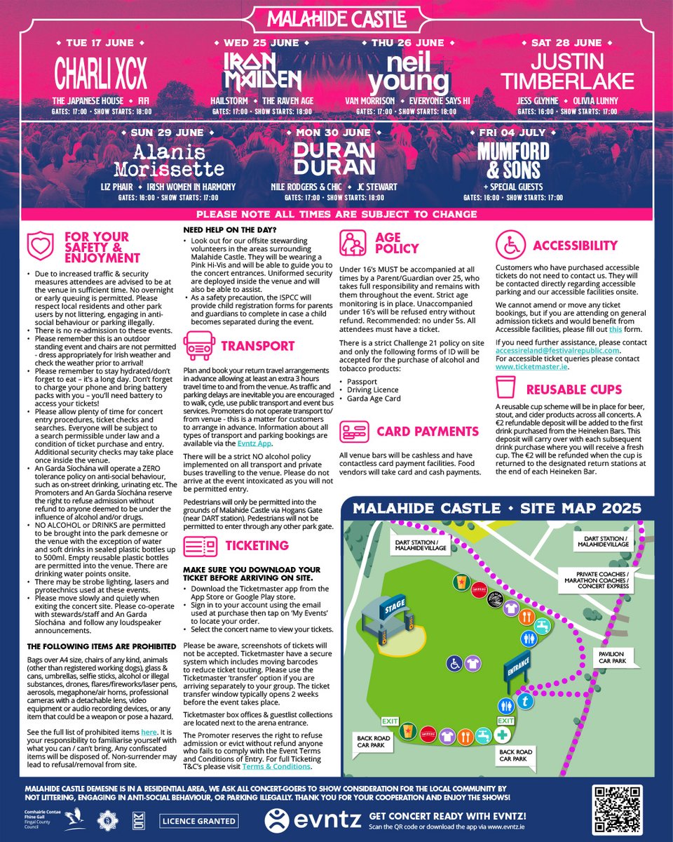 The Malahide Castle Concert Series starts tomorrow with Charli XCX. Please take note of important information regarding venue opening times, transport, entry routes, etc. see: fingal.ie/malahide-castl…