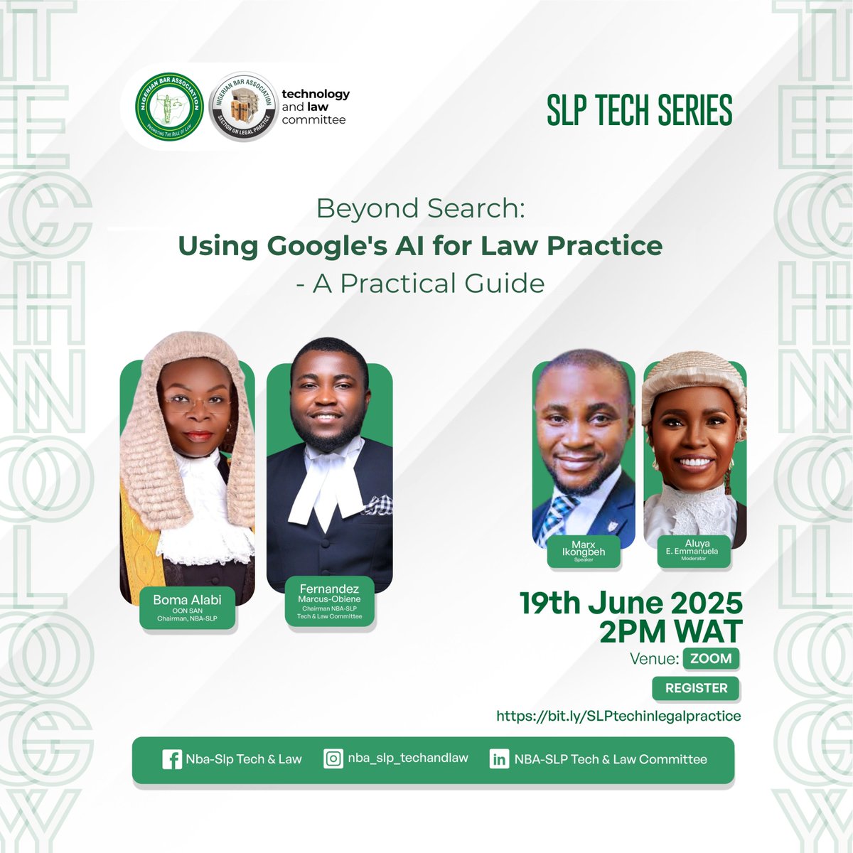 This Thursday at 2PM (WAT), we’re back with the SLP Tech Series:
 Using Google’s AI for Law Practice – A Practical Guide
Speaker: Marx Ikongbeh 
Moderator: Aluya Emmanuella
Register: bit.ly/SLPtechinlegal…
#SLPTechSeries #AIandLaw #NotebookLM #LegalTech