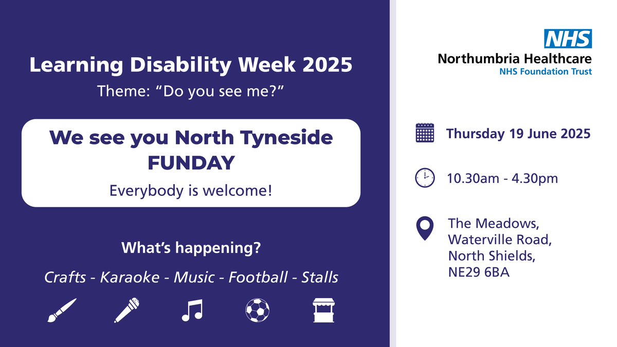 To celebrate Learning Disability Week, we're holding a funday event in North Tyneside  on Thursday 19 June!

The day will be full of activities including:
🖌️ crafts
🎤 karaoke
🎵 music
⚽ football
🏪 stalls

Everyone is welcome to come along and we hope you see you there 👋