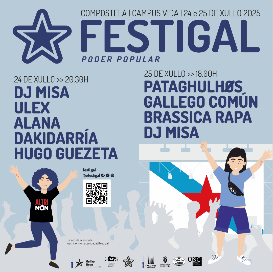 Aquí tes o cartaz do Festigal deste 2025. Festa, festa, festa... mais non só.
🗓️ 24 e 25 de xullo.
📍 Campus Vida de Santiago de Compostela.
Apúntao na túa axenda!

Máis información na web f.mtr.cool/bcbiqbicsd