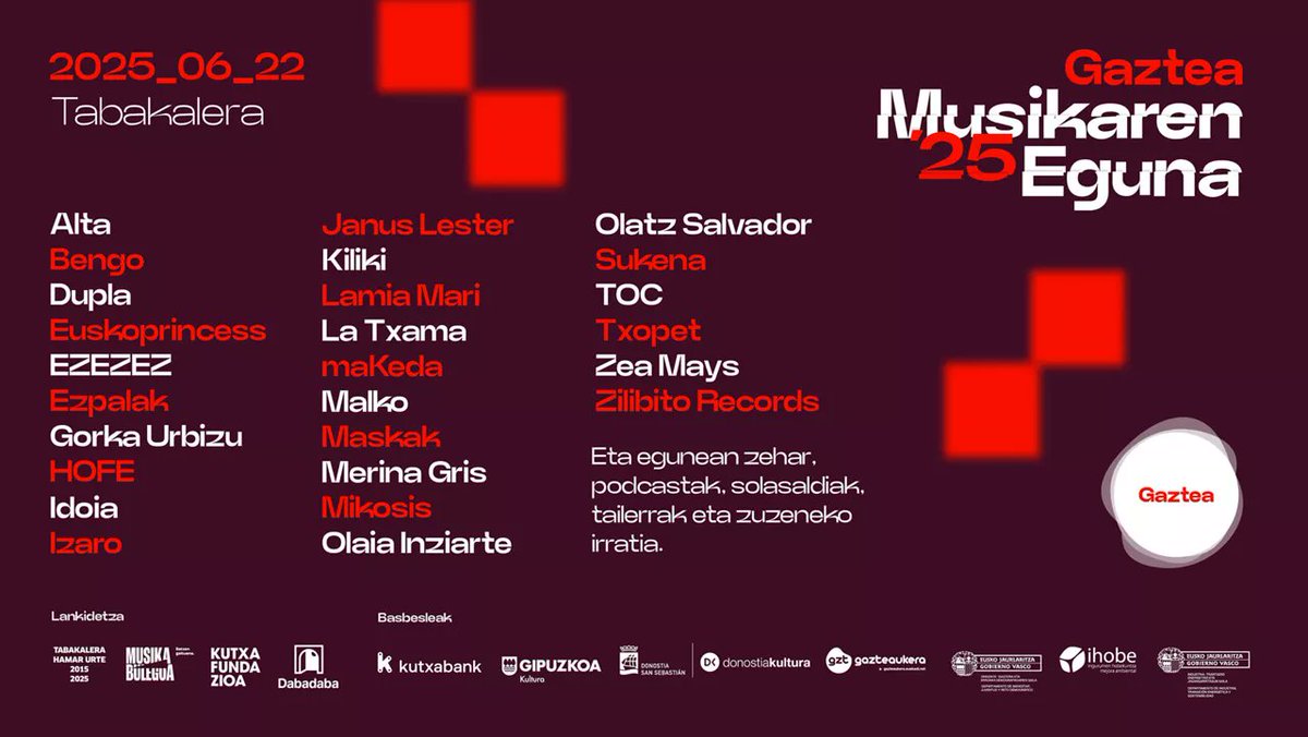 Ayto San Sebastián (@ayto_ss) on Twitter photo 🎶El Ayuntamiento patrocinará la gran fiesta organizada en el Día de la Música
🗓️22 de junio
📍Tabakalera
🎤Gorka Urbizu,Olaia Inziarte,Izaro,Zea Mays,...ofrecerán directos
➥labur.eus/99o9b5aa
<a href="/gaztea/">Gaztea</a> <a href="/tabakalera/">Tabakalera</a> <a href="/euskaraz/">Donostia Euskaraz</a> <a href="/donostiakultura/">Donostia Kultura</a> #Donostia #SanSebastian #InfoDSS 🎶El Ayuntamiento patrocinará la gran fiesta organizada en el Día de la Música
🗓️22 de junio
📍Tabakalera
🎤Gorka Urbizu,Olaia Inziarte,Izaro,Zea Mays,...ofrecerán directos
➥labur.eus/99o9b5aa
<a href="/gaztea/">Gaztea</a> <a href="/tabakalera/">Tabakalera</a> <a href="/euskaraz/">Donostia Euskaraz</a> <a href="/donostiakultura/">Donostia Kultura</a> #Donostia #SanSebastian #InfoDSS