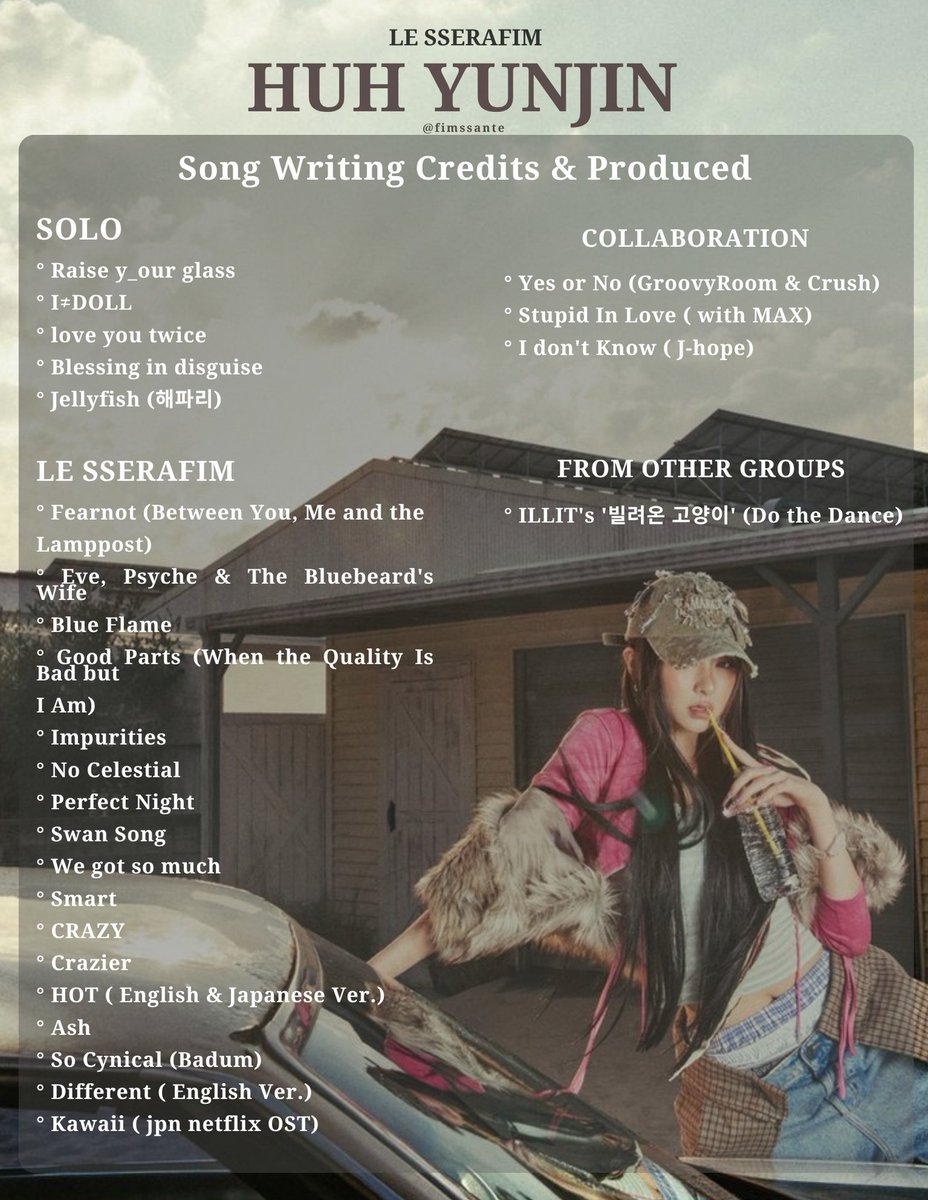 HUH YUNJIN's song writing credits 
(solo, group, features and from the other groups) 🖋️

BRILLIANT SONGWRITER YUNJIN
#HUHYUNJIN #허윤진 #ユンジン #LE_SSERAFIM