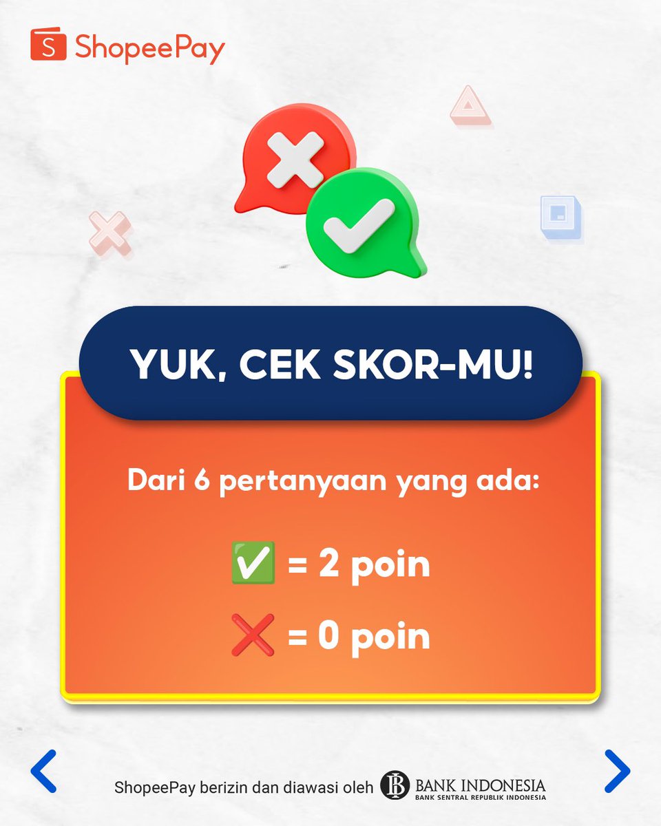 ShopeePay_ID's tweet photo. Sering pakai ShopeePay, tapi yakin udah amanin akunmu dengan maksimal? Cobain kuis ini yuk, bagikan juga ke teman atau keluarga sesama pengguna ShopeePay ya! Coba kita lihat siapa yang skornya paling tinggi 🏆

#ShopeePay #KonsumenCerdasPeKABertransaksi #GeberPK #GenerasiPeKA #PeduliKenaliAdukan #PeKA