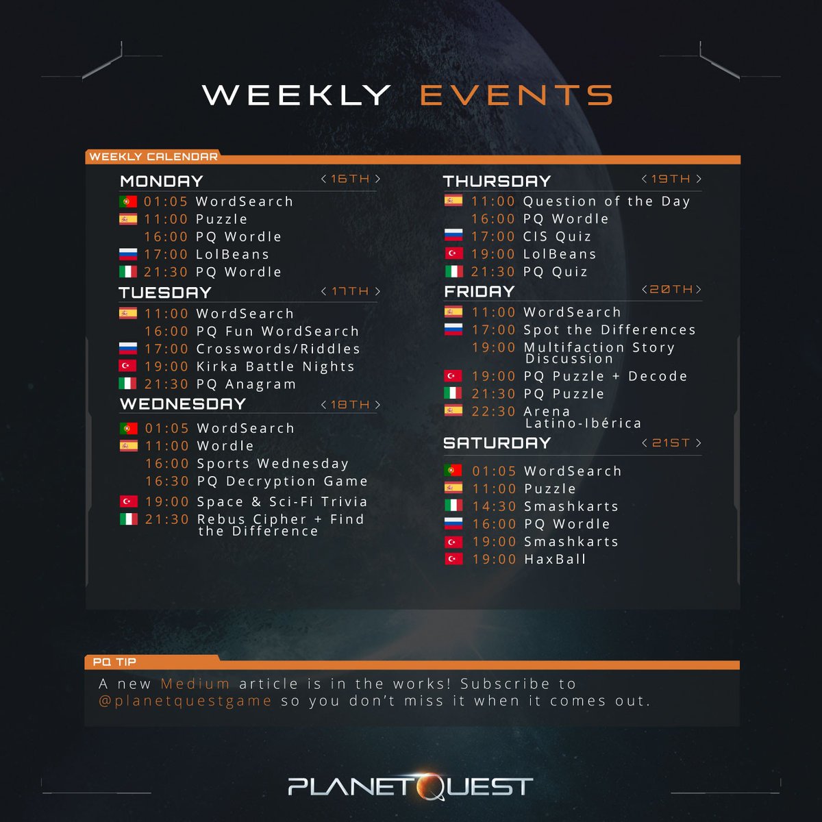 Weekly Community #PQEvents Overview! ✨

All times are CET ⏰ and don’t forget to subscribe to our Medium 🗞️ medium.com/@planetquestga…
