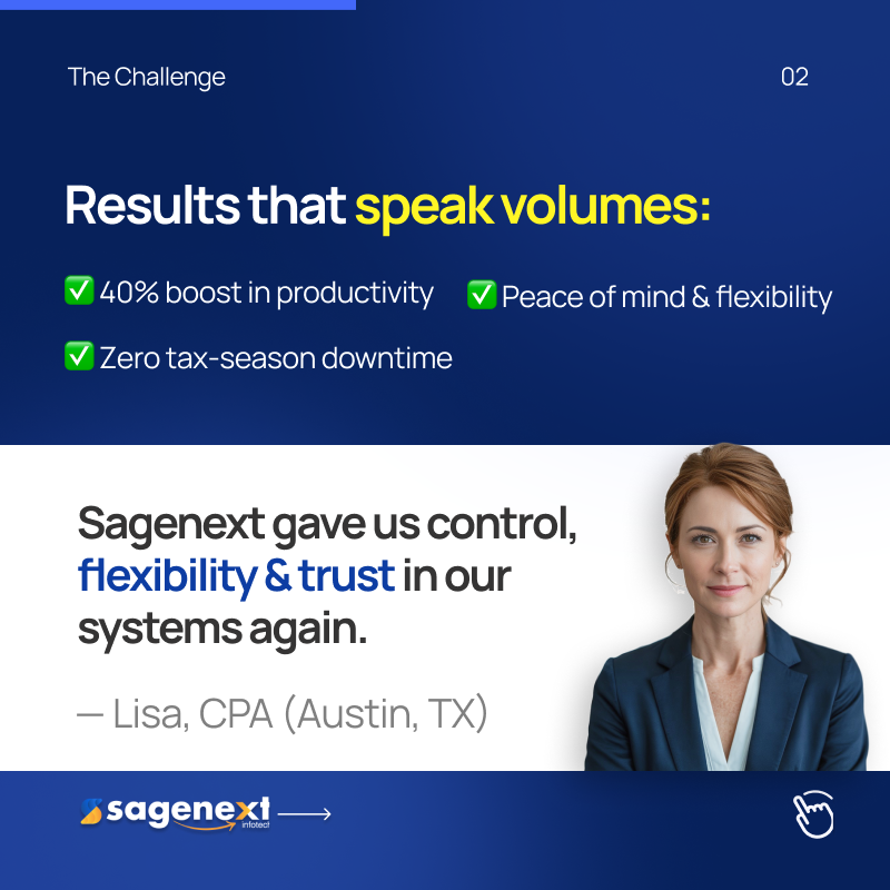 Sagenextinfo's tweet image. Lisa’s CPA firm was plagued by downtime and outdated systems.

She switched to #Sagenext Cloud Hosting → 40% productivity increase and 24/7 QuickBooks access.

💬 “It gave us control, flexibility, and trust again.”

#QuickBooksHosting #RemoteCPA #ClientStory #CloudAccounting
