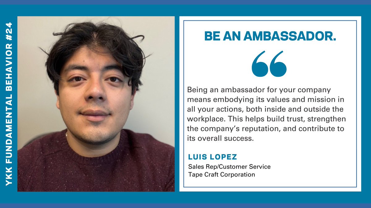 “Being an ambassador for your company means living its values in all actions,” says Luis Lopez. 🌟🏢 “This builds trust, strengthens reputation, and boosts success.” 🤝📈 #YKK #CycleofGoodness
