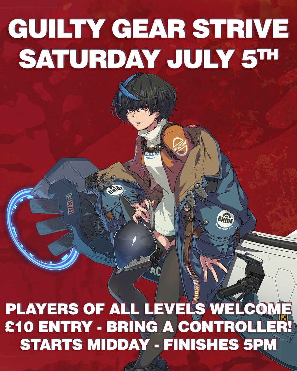 Our next Guilty Gear Strive tournament will be July 5th! 

- Doors open midday
- Signups 1PM
- Tournament 1:30PM
- Bring a controller and cables
- PC, 144hz
- £10 entry

See you there, and RTs/Shares appreciated as always!