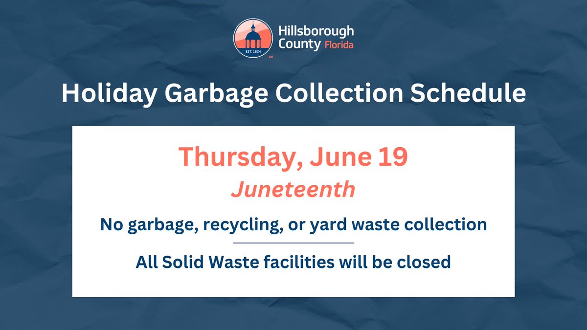 Hey, residents! Here's a reminder of our upcoming Garbage Collection Schedule for the upcoming holiday. 🗑️📆 

If you want to learn more about the Hillsborough County garbage, recycling, and yard waste holiday schedule, visit ↪️ bit.ly/3VLLA8A
