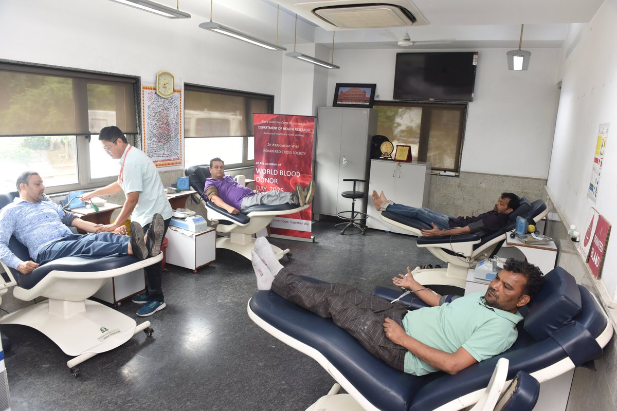 DeptHealthRes's tweet photo. A Voluntary Blood Donation Camp has been organized in DHR in association with Indian Red Cross Society on 16.06.2025 in observance of World Blood Donor Day, 2025.  A number of Officers/staff including JS (Admn.) has participated in the event. https://t.co/f1EIbY94yt