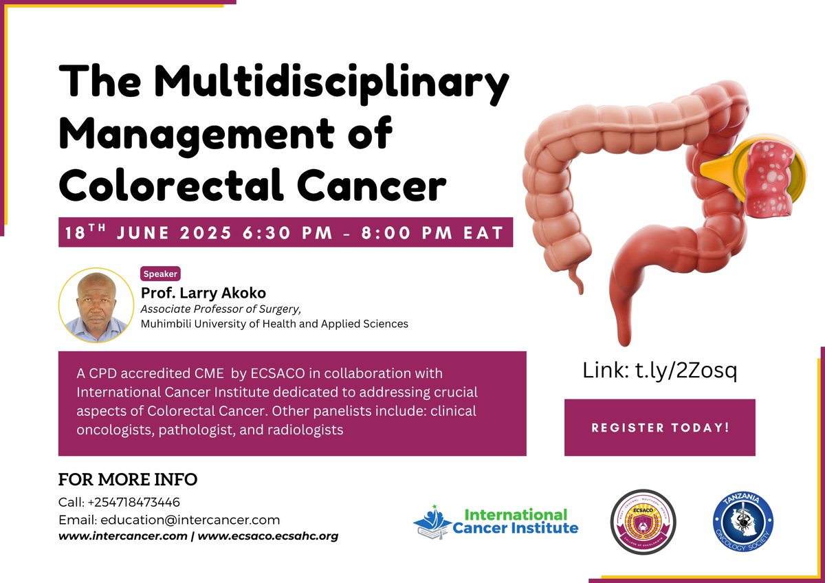 International Cancer Institute (@intercancer) on Twitter photo According to GloboCan 2022, colorectal cancer accounts for 5.9% (70,362 cases) of all cancers in Africa. Join us on 18th June 2025, from 6.30 pm - 8.30 pm EAT with Prof. Larry Akoko as we discuss the multidisciplinary management of colorectal cancer. <a href="/ECSACO_College/">ECSACO - College of Oncologists</a> 1/2 According to GloboCan 2022, colorectal cancer accounts for 5.9% (70,362 cases) of all cancers in Africa. Join us on 18th June 2025, from 6.30 pm - 8.30 pm EAT with Prof. Larry Akoko as we discuss the multidisciplinary management of colorectal cancer. <a href="/ECSACO_College/">ECSACO - College of Oncologists</a> 1/2