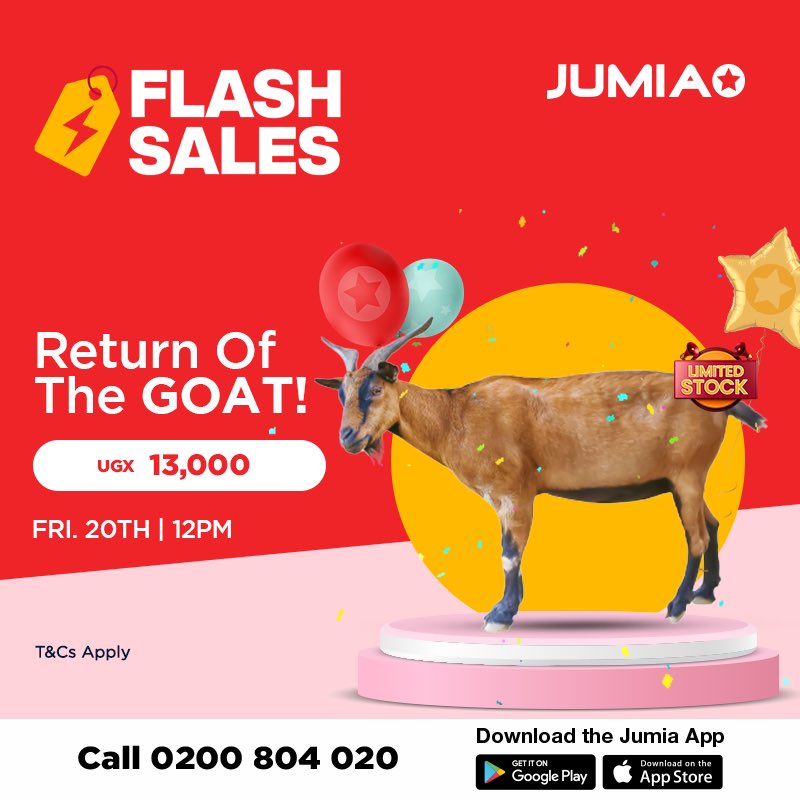 ⚡️FLASH SALE ⚡️
Return Of The GOAT!
UGX 13,000
FRI. 20TH | 12PM

➡️ jumia.ug/flash-sales/