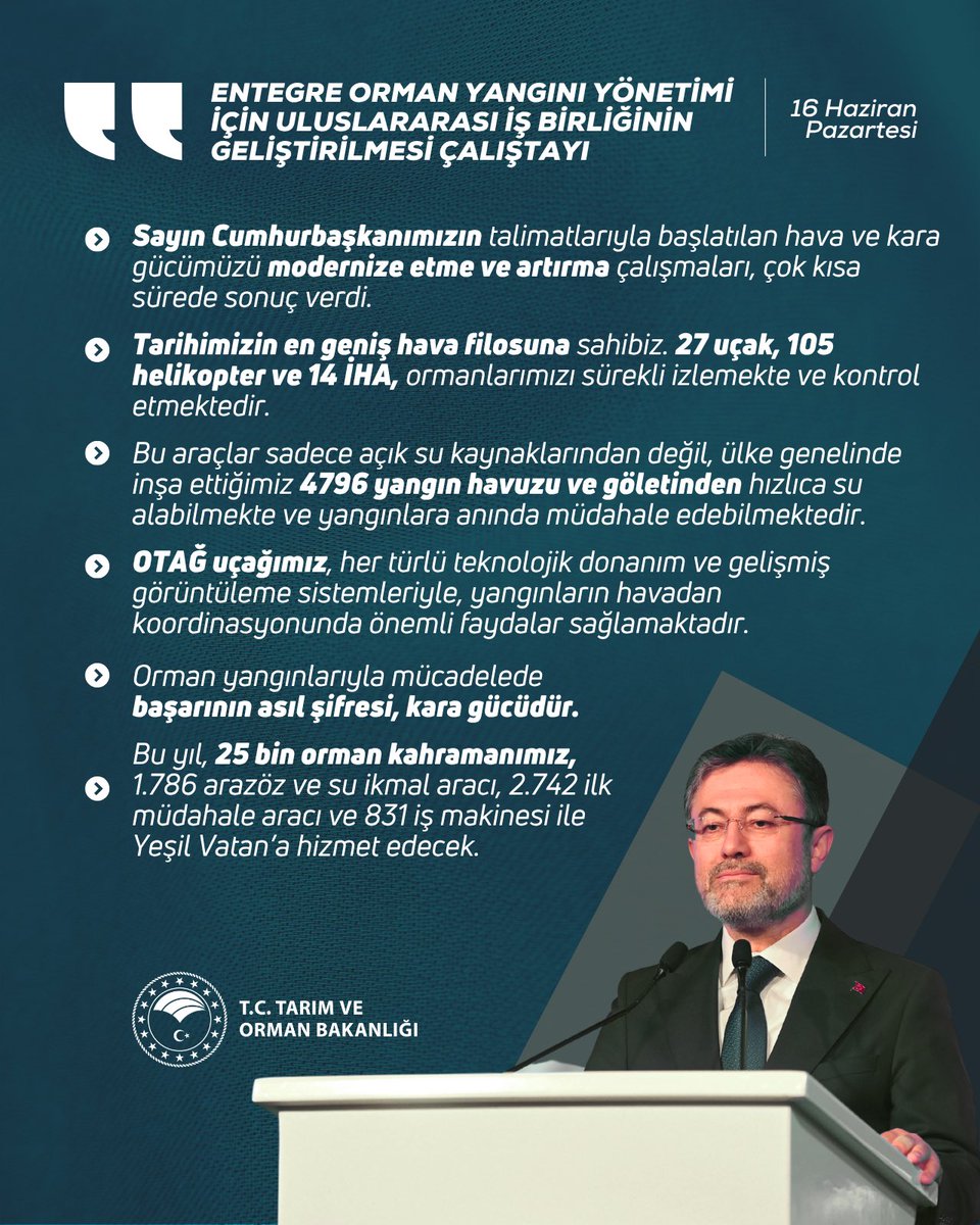 Bakanımız Sayın <a href="/ibrahimyumakli/">İbrahim Yumaklı</a>:

“Sayın Cumhurbaşkanımızın talimatlarıyla başlatılan hava ve kara gücümüzü modernize etme ve artırma çalışmaları çok kısa sürede sonuç verdi.”

📍 Ankara | Entegre Orman Yangını Yönetimi için Uluslararası İş Birliğinin Geliştirilmesi Çalıştayı