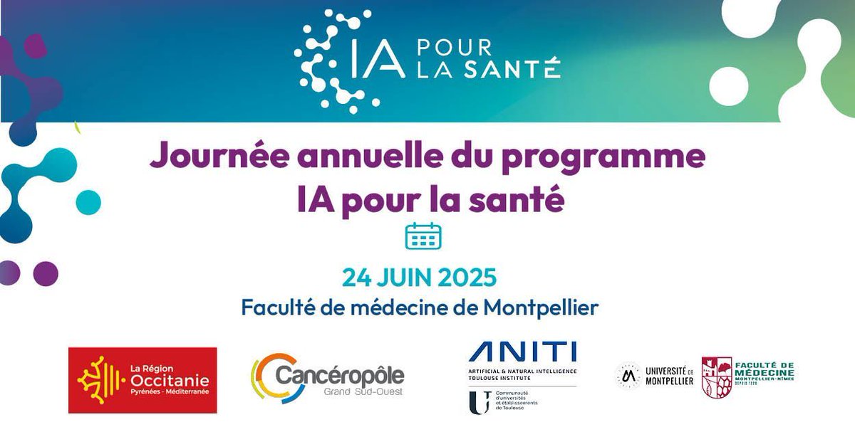 Cancéropôle GSO (@canceropolegso) on Twitter photo 📣 Dernier jour pour vous inscrire à la Journée "IA pour la Santé"
Programme: informatique, mathématiques, biologie, santé, oncologie.
Journée organisée en partenariat avec <a href="/ANITI_Toulouse/">ANITI Toulouse</a> <a href="/umontpellier/">Université de Montpellier</a> Faculté de Médecine <a href="/Occitanie/">Région Occitanie</a>
Plus d'infos: kgso.fr/events/ia_sant… 📣 Dernier jour pour vous inscrire à la Journée "IA pour la Santé"
Programme: informatique, mathématiques, biologie, santé, oncologie.
Journée organisée en partenariat avec <a href="/ANITI_Toulouse/">ANITI Toulouse</a> <a href="/umontpellier/">Université de Montpellier</a> Faculté de Médecine <a href="/Occitanie/">Région Occitanie</a>
Plus d'infos: kgso.fr/events/ia_sant…