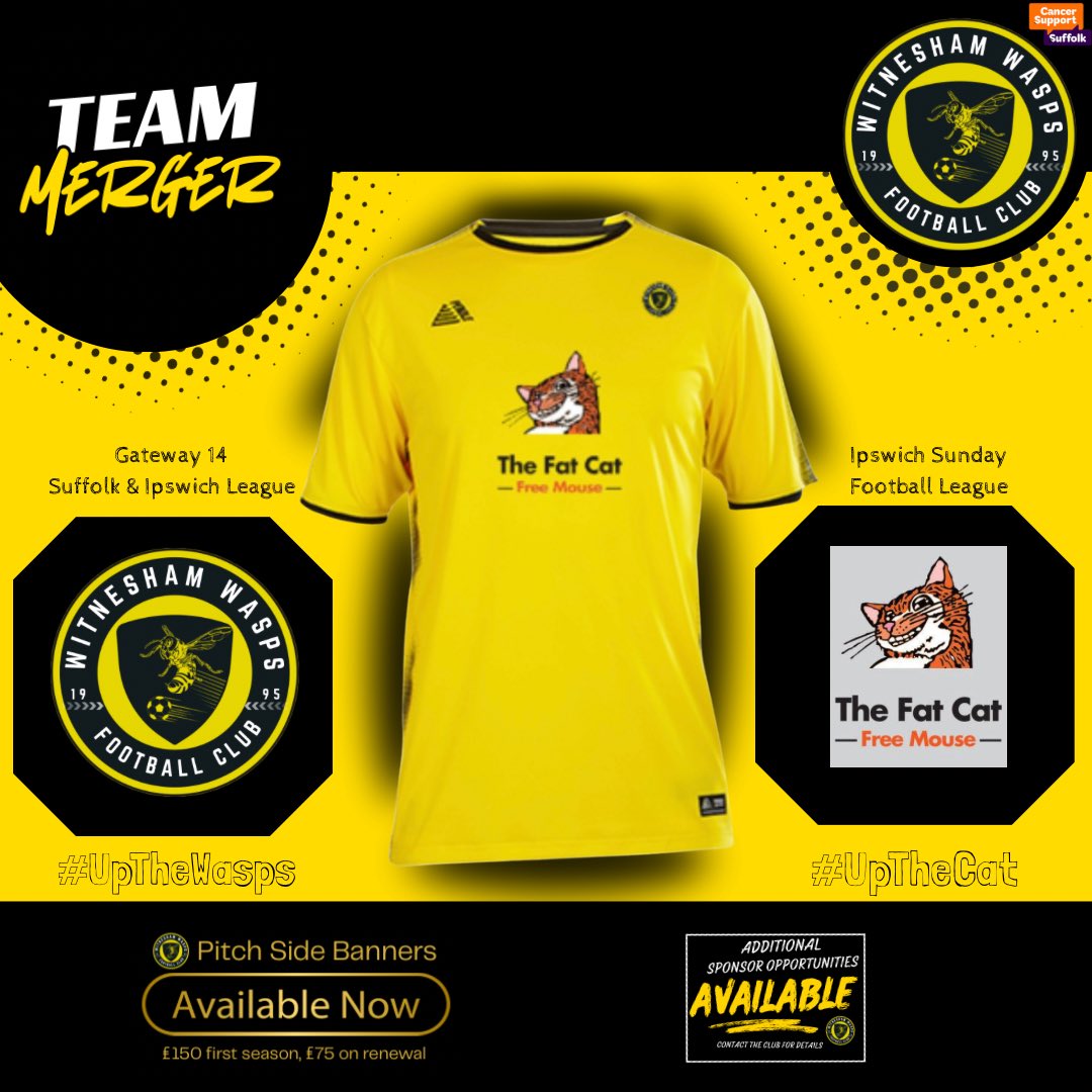 witneshamwasps's tweet image. Sundays are the new Saturdays 😎

Witnesham Wasps FC are delighted to announce a merger with ISFL side Fat Cat FC. 

Fat Cat and its existing infrastructure, players &amp;amp; coaching team of Tom Drew/James Cole will join the Wasps whilst being sponsored by the Fat Cat Free House.