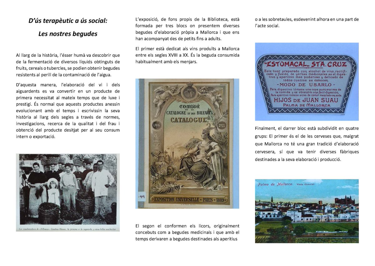 D’ús terapèutic a ús social: Les nostres begudes.
Nova exposició a la Biblioteca Lluís Alemany
Juny - octubre 2025
Entrada pel Jardí de La Misericòrdia, via Roma 1, Palma