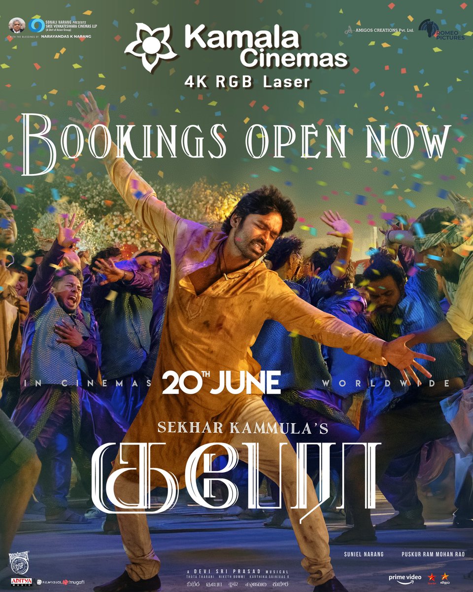 Bookings open now for #Kuberaa at your Kamala Cinemas 🔥

FDFS at 9:00 A.M at Kamala RGB Laser Main Screen ‼️

Book now 

<a href="/dhanushkraja/">Dhanush</a> <a href="/iamnagarjuna/">Nagarjuna Akkineni</a> <a href="/iamRashmika/">Rashmika Mandanna</a>