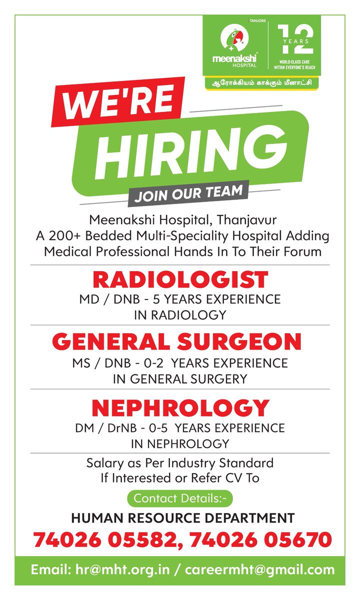 jaganmanickam96's tweet photo. #JobOpportunities in #MeenakshiHospital #Tanjore
๐โ
๐ง๐ปโโ๏ธโ๏ธ
#Thanjavur #ThanjavurJobs
#JobVaccancies #HospitalJobs
#Kumbakonam #TamilNadu
#Trichy #Thiruvarur
#Mayiladuthurai #Nagai
#RADIOLOGIST #radiology
#GENERALSURGEON #GENERALSURGERY #NEPHROLOGY #Nephrologist https://t.co/BK0RcFPqzn