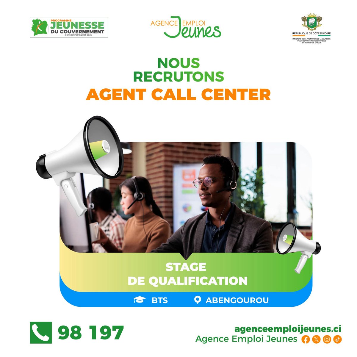mpjipsc's tweet photo. #PJGouv
OFFRE DE 𝐒𝐓𝐀𝐆𝐄
L’Agence Emploi Jeunes recherche 𝟕 stagiaires 𝐀𝐠𝐞𝐧𝐭𝐬 𝐜𝐚𝐥𝐥 𝐜𝐞𝐧𝐭𝐞𝐫, pour le compte d’un partenaire à 𝐀𝐛𝐢𝐝𝐣𝐚𝐧.
Postulez ici➡️https://t.co/Vp0q2M0tsx
#Insertion #Jeunesse #jobinfo #stage #CôtedIvoire #CallCenter https://t.co/smfbol0weR
