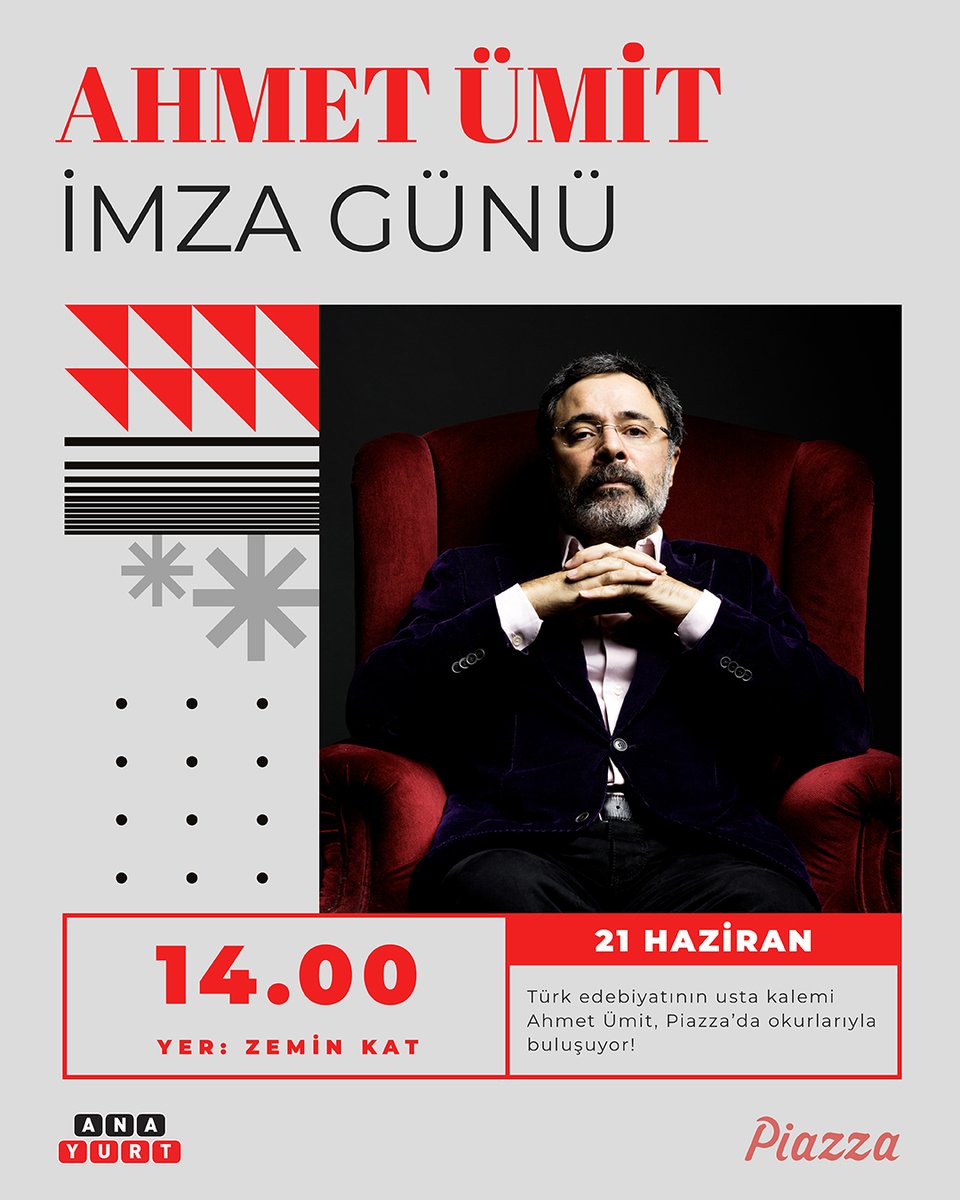 Samsun Piazza AVYM (@samsun_piazza) on Twitter photo ✨Ahmet Ümit İmza Günü Piazza’da! 📚🖊️
Türk edebiyatının usta kalemi Ahmet Ümit, Anayurt iş birliğiyle Piazza’da okurlarıyla buluşuyor! 🤩
🗓️ 21 Haziran
⏰ 14.00
📍 Zemin Kat
<a href="/baskomsernevzat/">Ahmet Ümit</a>
#SamsunPiazza #imzagünü #samsun #yazar #kitap #ahmetümit #yazarimzagünü #imza ✨Ahmet Ümit İmza Günü Piazza’da! 📚🖊️
Türk edebiyatının usta kalemi Ahmet Ümit, Anayurt iş birliğiyle Piazza’da okurlarıyla buluşuyor! 🤩
🗓️ 21 Haziran
⏰ 14.00
📍 Zemin Kat
<a href="/baskomsernevzat/">Ahmet Ümit</a>
#SamsunPiazza #imzagünü #samsun #yazar #kitap #ahmetümit #yazarimzagünü #imza