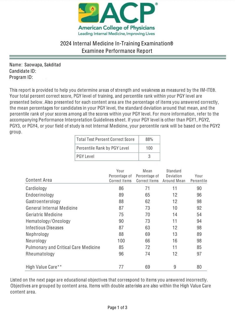 SakditadMD's tweet image. 💚 I’m incredibly honored and humbled to share that I scored in the 100th percentile on the Internal Medicine In-Training Exam (ITE), as reported by the American College of Physicians (ACP)—placing me among the top PGY-3 residents nationwide. 🇺🇸
🙏 My program recognized this…