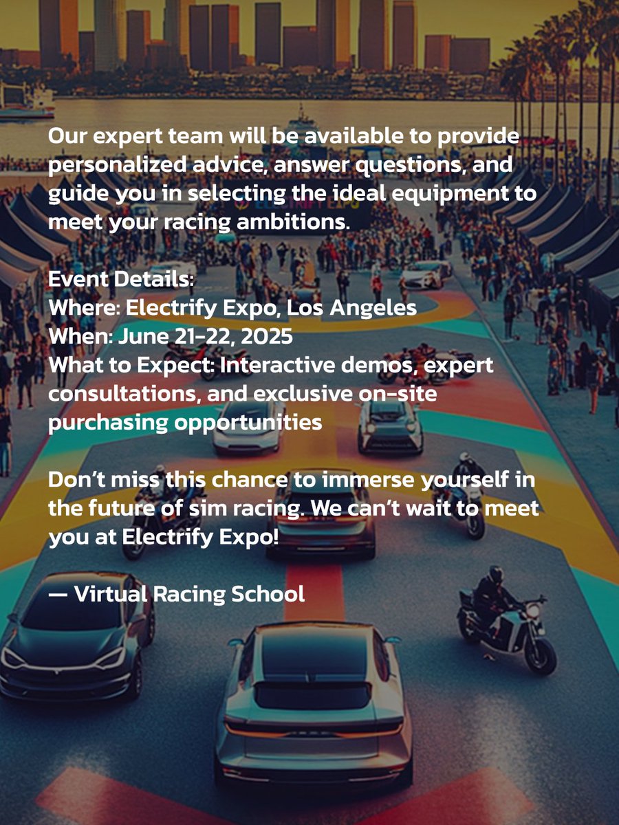 oin Virtual Racing School at Electrify Expo Los Angeles – June 21-22, 2025

Don’t miss this chance to immerse yourself in the future of sim racing. We can’t wait to meet you at Electrify Expo!
- VRS
#electrify #expo #electrifyexpo #losangeles #la #vrs #racing #simracing