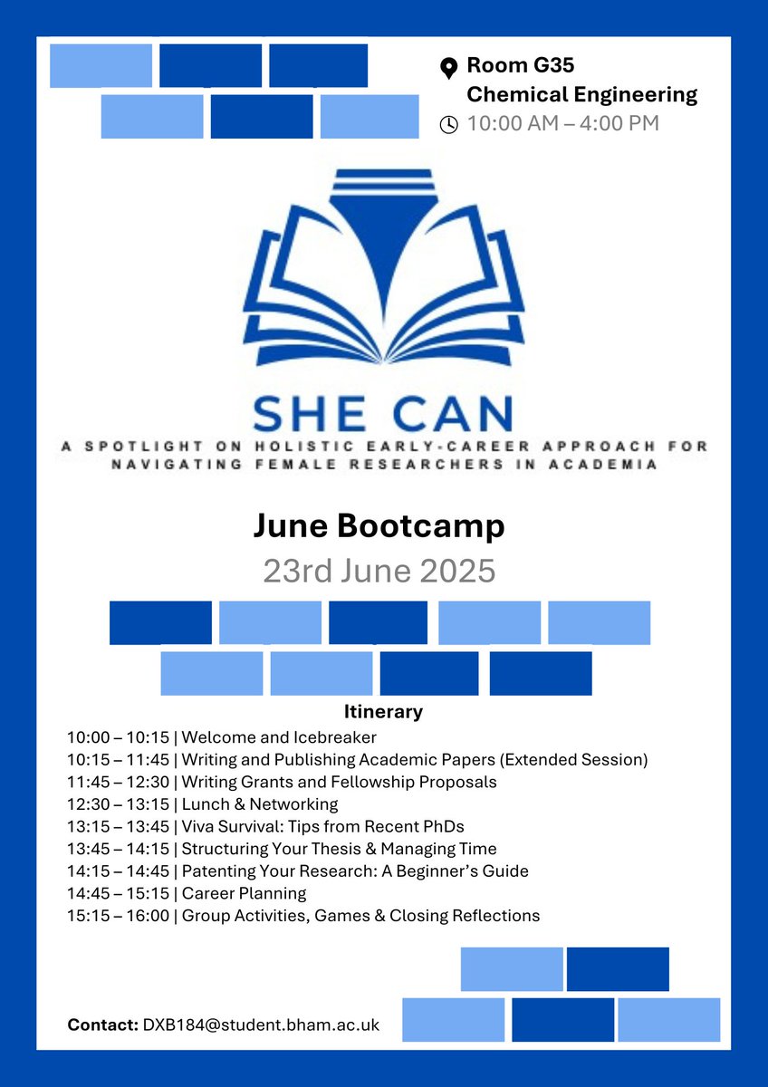 Dbhowmik97's tweet photo. Join the SHE CAN Boot Camp – a 1-day event to empower PGRs in STEM at @unibirmingham!
📅 23 June 2025 | 🕙 10AM–4PM | 📍ChemEngg G35
💥 Open to all PGRs
🎯 Skills, networks, food &amp; certs!
👉 Register: https://t.co/0WGz1FcK9I

@eps_unibham @ChemEngBham @UniBirmingham https://t.co/dxl0EG2d6G