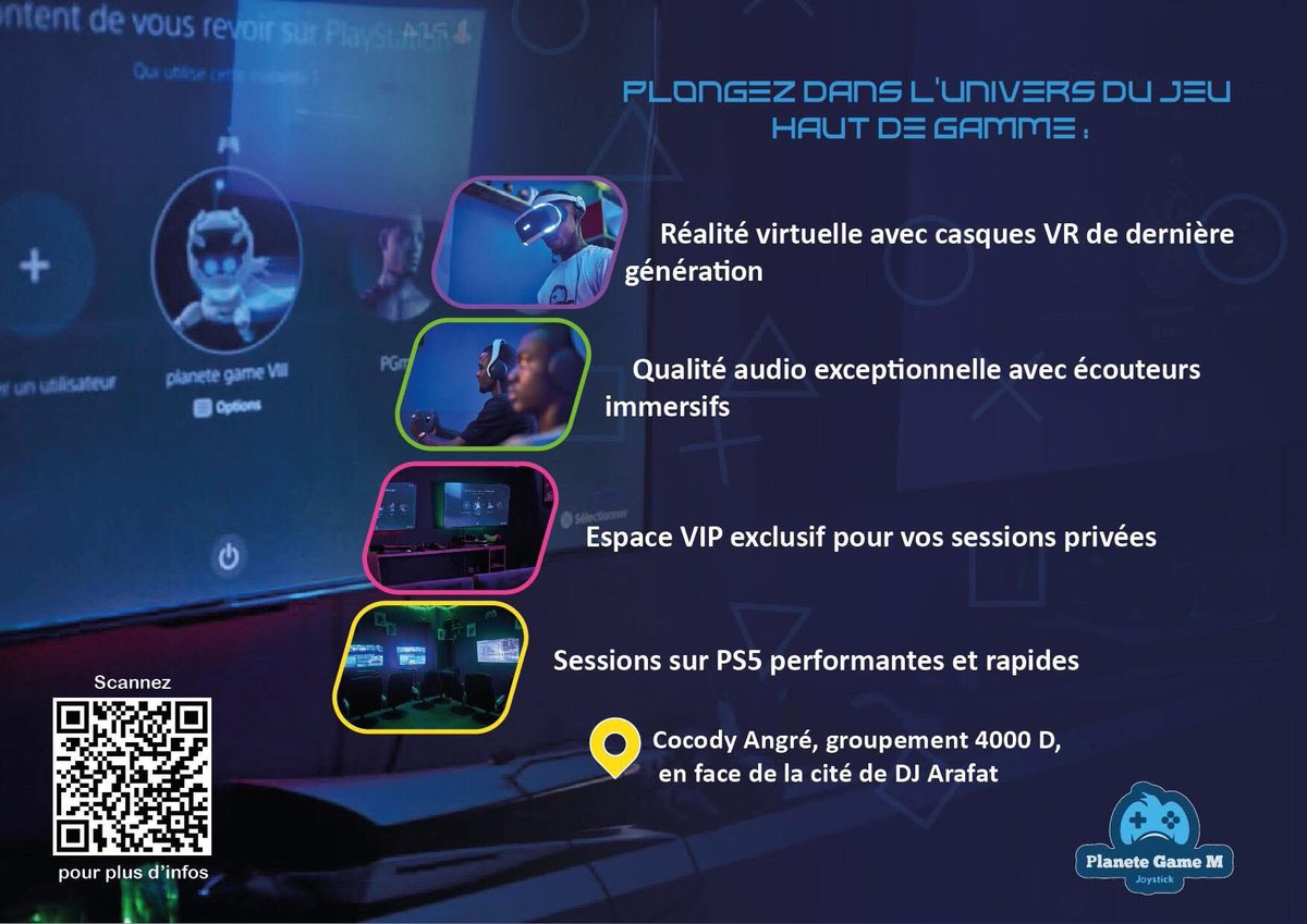 GamemPlanete's tweet photo. 🎮✨ Bienvenue dans l’univers gaming haut de gamme à Abidjan ! ✨🎮

Envie de sessions PS5 ultra-fluides, d’un son immersif, de réalité virtuelle et d’un coin VIP digne des pros ?
Ne cherche plus ➡️ Planète Game M
📍 Cocody Angré, groupement 4000 D – en face de la cité de DJ Araf https://t.co/I06xXqUVX0