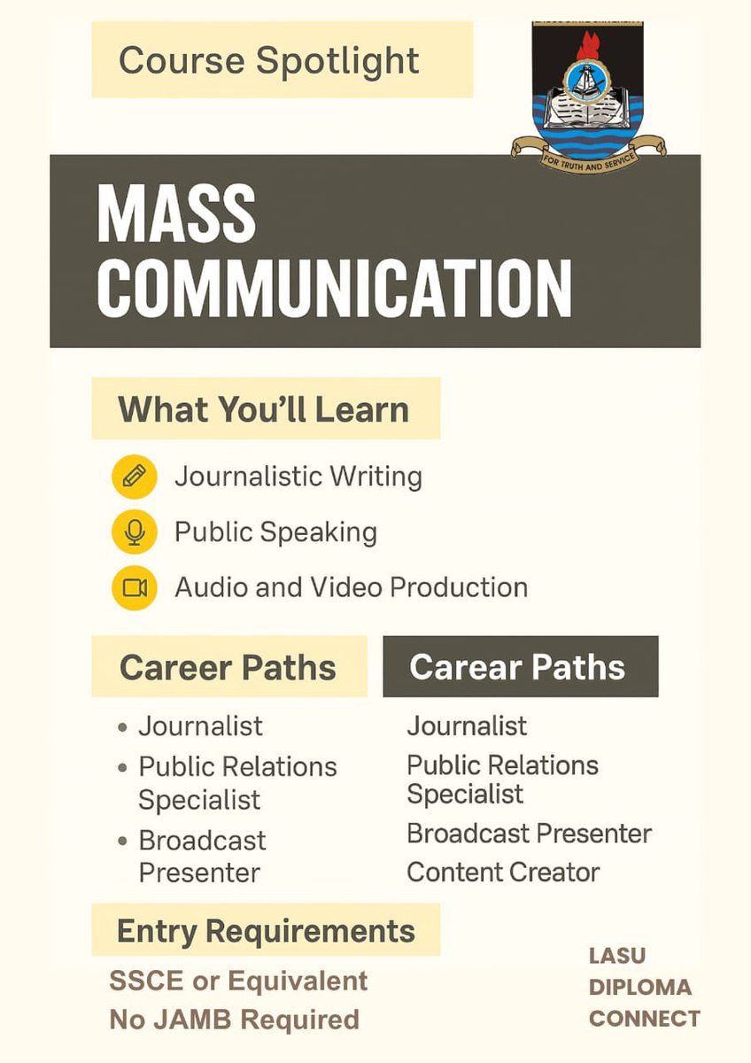 Diplomacon25's tweet photo. Mass Communication dreams? LASU Diploma Connect has your back , Public speaking or video production? LASU Diploma Connect has it - no JAMB, just skills! 🎙️ #LASU #MassComm #diplomacon25 #NoExcuses https://t.co/FP9NESE0Yp