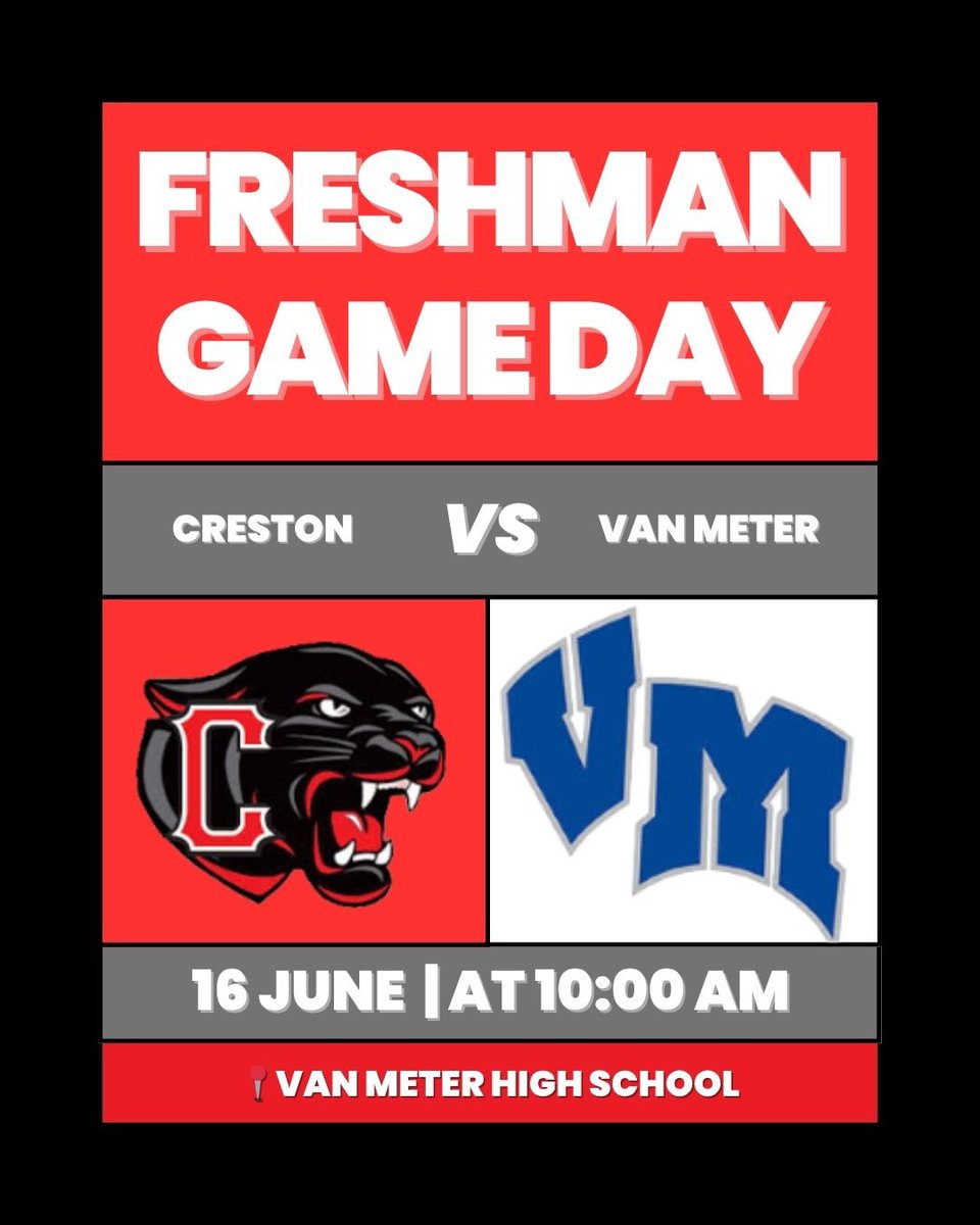 Creston Panther Softball 🥎🥎 (@crestonsoftball) on Twitter photo 🚨It’s Freshman Game Day
🥎 vs Van Meter 
📍Van Meter High School 
⏰ 10:00 am 🚨It’s Freshman Game Day
🥎 vs Van Meter 
📍Van Meter High School 
⏰ 10:00 am