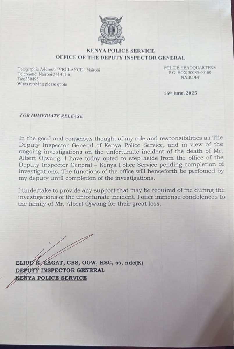 KIPniKIP's tweet photo. At least DIG Lagat has stepped aside. Good move. 

May investigstions now move with speed. #JusticeForAlbertOchieng https://t.co/Zf6FX8spfJ