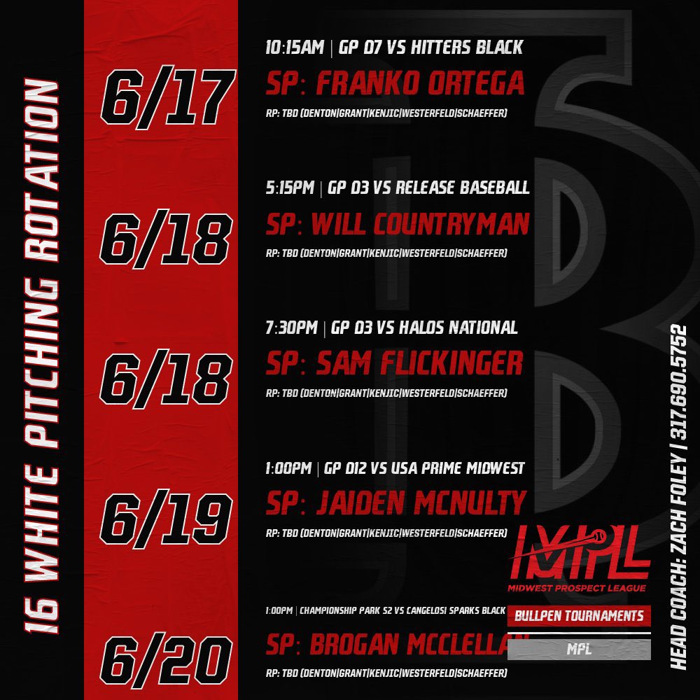 Indiana Bulls 2027 (@in_bulls2027) on Twitter photo White pitching rotation/schedule @ MPL this week. <a href="/Bullpenevents/">Bullpen Tournaments</a>
6/17- <a href="/Franko_Ortega27/">Franko Ortega</a>
6/18- <a href="/W_Countryman_27/">Will Countryman</a>
6/18- <a href="/samflickinger13/">Sam Flickinger</a>
6/19- <a href="/jaiden_mcnulty2/">Jaiden Mcnulty</a>
6/20- <a href="/BroganMcClelll1/">Brogan McClellan</a>
Relief TBD by game- <a href="/GavinBSBL19/">Gavin Denton</a> , <a href="/grady_grant23/">gradygrant23</a> , <a href="/ckenjic11/">Connor Kenjic</a> , <a href="/qwesty28/">Quinn Westerfeld</a> , <a href="/Ben_Schaeffer7/">Benjamin</a> White pitching rotation/schedule @ MPL this week. <a href="/Bullpenevents/">Bullpen Tournaments</a>
6/17- <a href="/Franko_Ortega27/">Franko Ortega</a>
6/18- <a href="/W_Countryman_27/">Will Countryman</a>
6/18- <a href="/samflickinger13/">Sam Flickinger</a>
6/19- <a href="/jaiden_mcnulty2/">Jaiden Mcnulty</a>
6/20- <a href="/BroganMcClelll1/">Brogan McClellan</a>
Relief TBD by game- <a href="/GavinBSBL19/">Gavin Denton</a> , <a href="/grady_grant23/">gradygrant23</a> , <a href="/ckenjic11/">Connor Kenjic</a> , <a href="/qwesty28/">Quinn Westerfeld</a> , <a href="/Ben_Schaeffer7/">Benjamin</a>