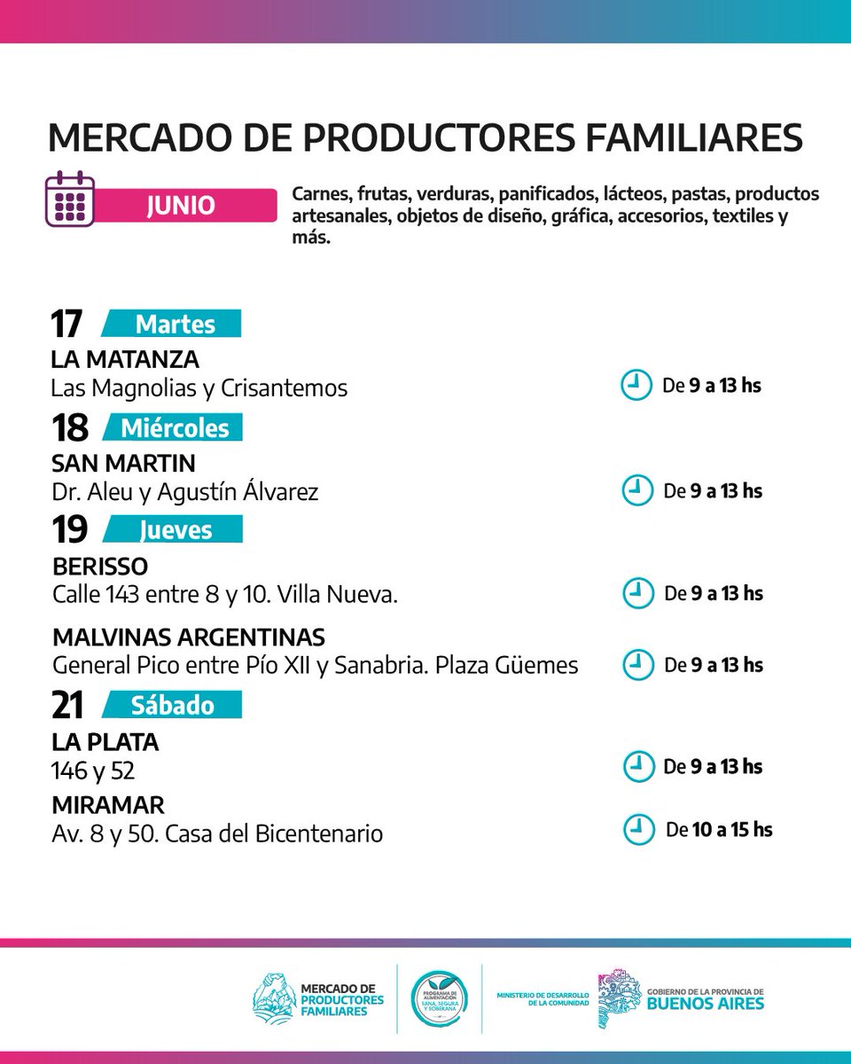 🛒MERCADO DE PRODUCTORES FAMILIARES 

Estos son los nuevos puntos donde estaremos presentes esta semana en la provincia de Buenos Aires. 

Los y las bonaerenses podrán adquirir carnes, pescados, verduras, lácteos, pastas, panificados y productos artesanales a precios populares 🌱
