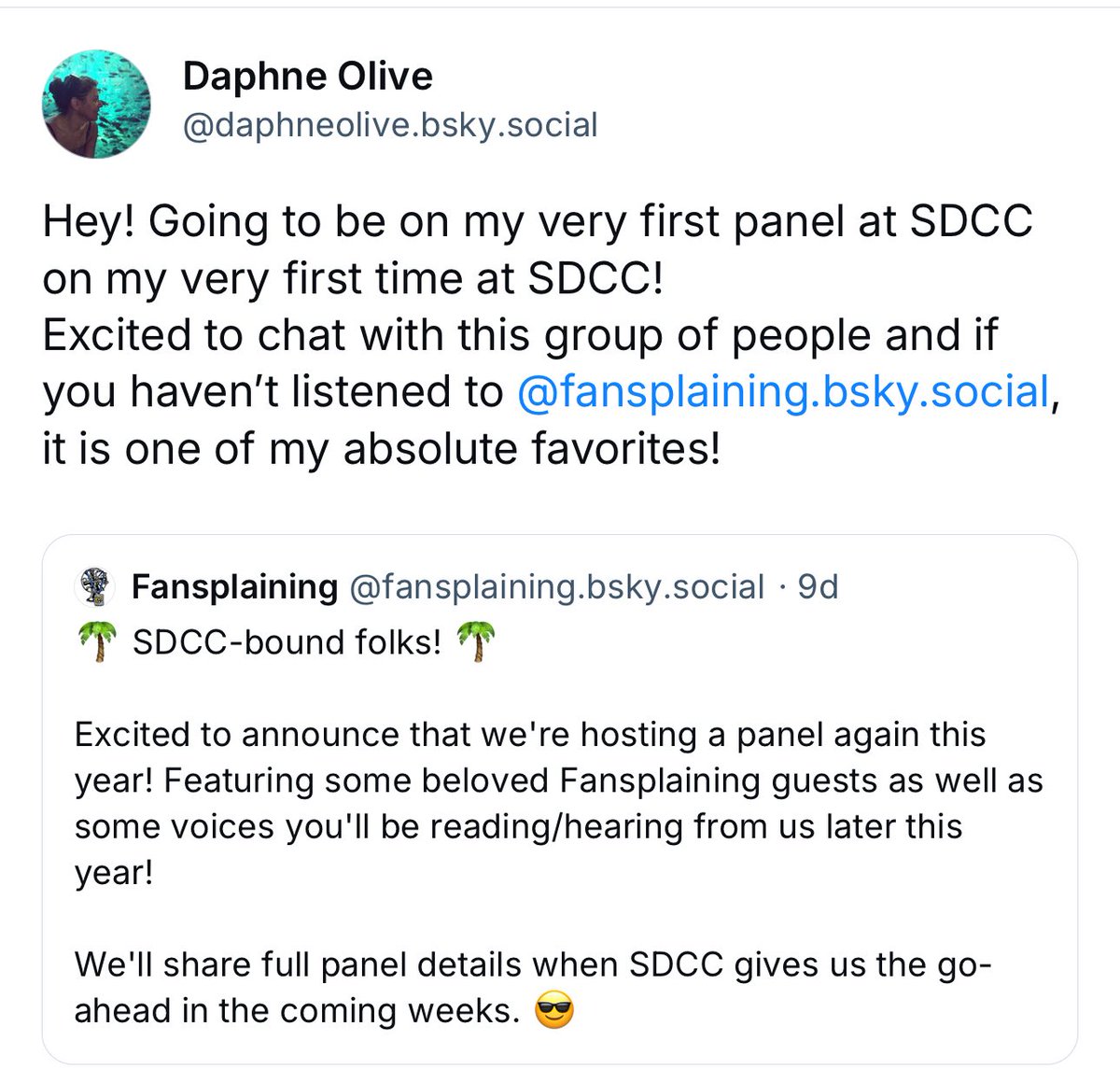 I’m really excited to finally go to SDCC. And I’m very excited about this panel group that I think I am not supposed to talk about yet. The fact that most of them have been on Fansplaining (one of my favorite podcasts) is a good hint. I’ll post more when I can!