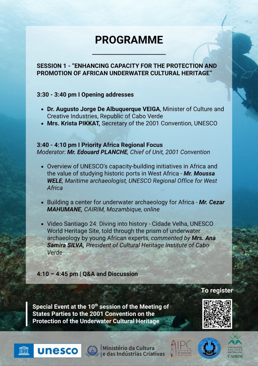 🌊 Are you aware of the challenges in protecting underwater cultural heritage in #Africa??
🔍 Discover the issues at the #UNESCO round table
📅 June 17, 2025 - 15:30 CET 📍 Paris &amp; online
👉 Register: unesco-org.zoom.us/meeting/regist…
#UnderwaterHeritage #CulturalHeritage  #CaboVerde