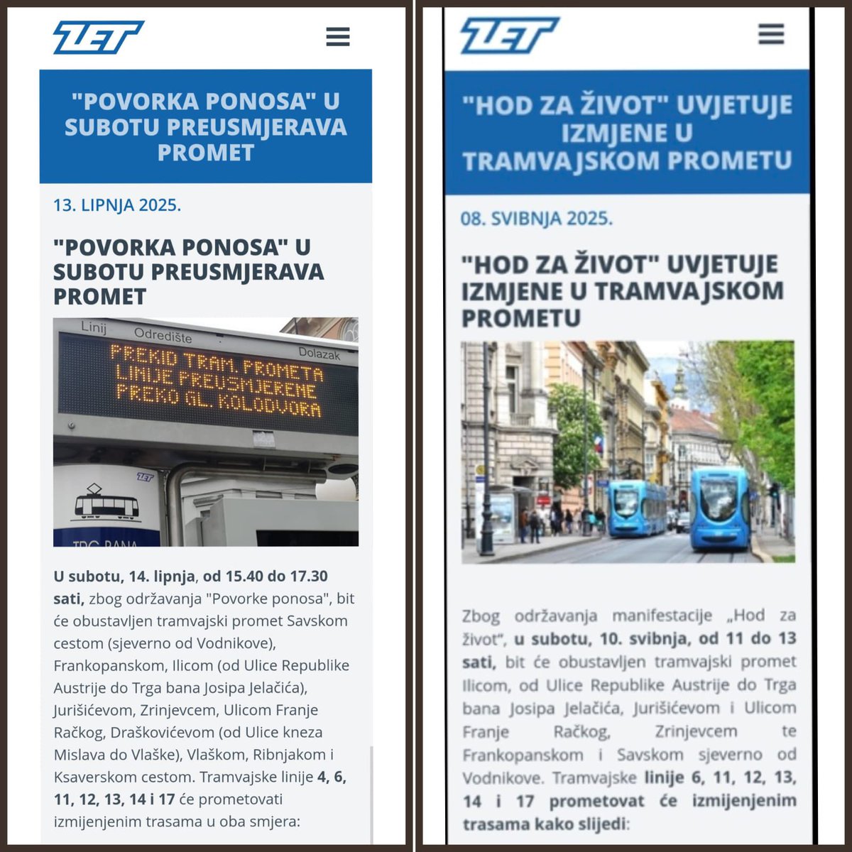 Objave na stranici ZET-a. Hod za život “uvjetuje izmjene”,  a homoseksualna povorka “preusmjerava”. Šef, gradonačelnik, očito prati objave na steanicama gradskih firmi😉