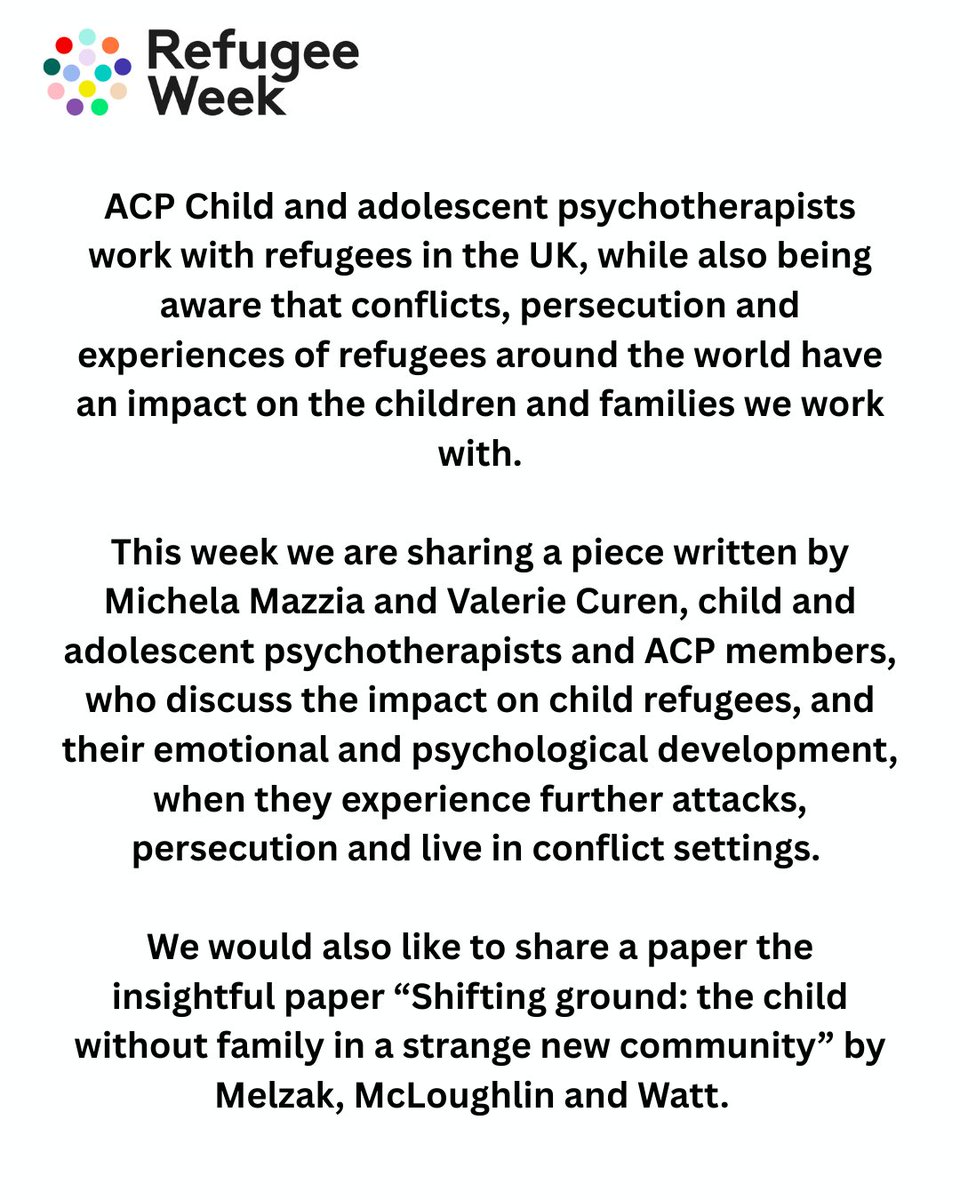 The ACP supports #RefugeeWeek by @UNHCR. 

This week we are sharing a piece written by Michela Mazzia and Valerie Curen, ACP members. Visit our other socials to read it. 

We would also like to share a paper by Melzak, McLoughlin and Watt (2019). tandfonline.com/doi/full/10.10…
