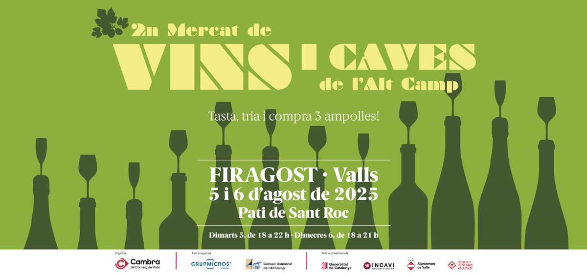 Cambra de Comerç, Indústria i Serveis de Valls. (@cambravalls) on Twitter photo Ets un celler de l’Alt Camp? Aquesta proposta és per a tu! La <a href="/CambraValls/">Cambra de Comerç, Indústria i Serveis de Valls.</a> torna a organitzar el Mercat de Vins i Caves de l’Alt Camp dins la Firagost 2025
📍Pati de Sant Roc
📅5 i 6 d’agost de 2025
Inscripcions obertes fins al 4 de juliol
☎️977 600 909 Ets un celler de l’Alt Camp? Aquesta proposta és per a tu! La <a href="/CambraValls/">Cambra de Comerç, Indústria i Serveis de Valls.</a> torna a organitzar el Mercat de Vins i Caves de l’Alt Camp dins la Firagost 2025
📍Pati de Sant Roc
📅5 i 6 d’agost de 2025
Inscripcions obertes fins al 4 de juliol
☎️977 600 909