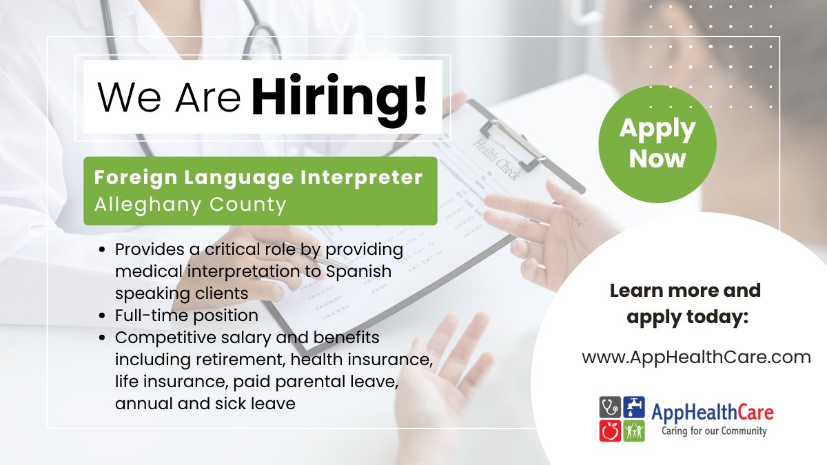 We're hiring! We are looking for a Foreign Language Interpreter to join our team providing compassionate health care. We offer a competitive salary, variety of paid and voluntary benefits, flexible schedule. Learn more and apply today! apphealthcare.com/contact-us/car…