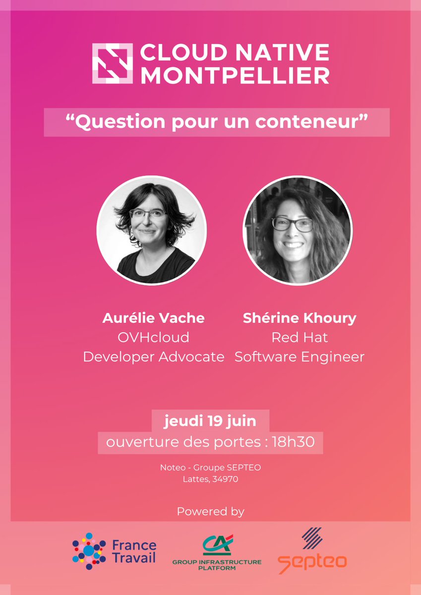 OVHcloud_Tech (@ovhcloud_tech) on Twitter photo 🎂 Cloud Native Montpellier – 2ᵉ Édition Anniversaire
Jeudi 19/06 à 18h30, rejoignez <a href="/aurelievache/">Aurélie Vache 🥑🐳🦸♀️✏️</a> & <a href="/srinerine/">sherine khoury</a> pour leur talk "Question pour un conteneur".
Un retour d’expérience original et dynamique, sur les conteneurs, les registries, Docker, OCI...
community.cncf.io/events/details… 🎂 Cloud Native Montpellier – 2ᵉ Édition Anniversaire
Jeudi 19/06 à 18h30, rejoignez <a href="/aurelievache/">Aurélie Vache 🥑🐳🦸♀️✏️</a> & <a href="/srinerine/">sherine khoury</a> pour leur talk "Question pour un conteneur".
Un retour d’expérience original et dynamique, sur les conteneurs, les registries, Docker, OCI...
community.cncf.io/events/details…