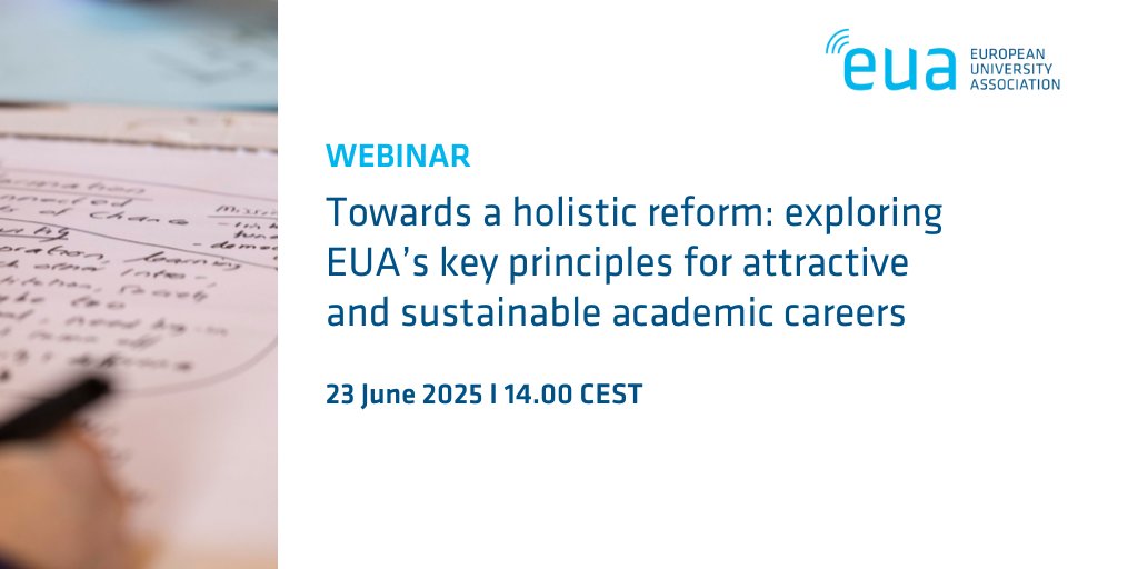 EUA's one-year Task-and-Finish Group has outlined 'Key principles for attractive and sustainable careers' in their report.
This webinar will further explore the key principles and the considerations and practices behind them.
📅  23 June, 14.00 CEST
🔗  bit.ly/3FAuo1E