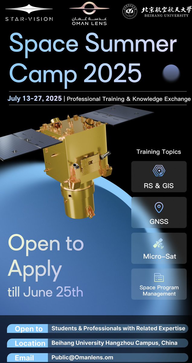 Oman Lens proudly launches Space Summer Camp 2025!

In collaboration with STAR.VISION &amp; Beihang University, students will explore AI-powered satellite tech through hands-on training &amp; expert mentorship.

📩 Apply now: public@omanlens.om
