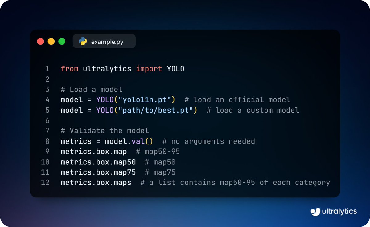 ultralytics's tweet image. Validate Ultralytics YOLO models!

Measure performance using key metrics like precision, recall, and mean average precision (mAP). These are crucial steps for comparing results and improving model quality.

Learn more ➡️ ow.ly/7Ukz50VSnFs

#ModelValidation #ComputerVision