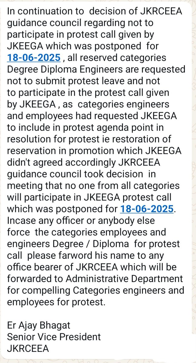 jkrceea's tweet photo. Decided by majority of reserved categories JKRCEEA members in online meeting not to participate in JKEEGA strike call on 18-06-2025 with a reason JKEEGA didn't agreed to include regularization &amp; Promotion as per Reservation Act 2004 @manojsinha_ @OmarAbdullah @diprjk @Raj576113 https://t.co/PI5eS1zPXf