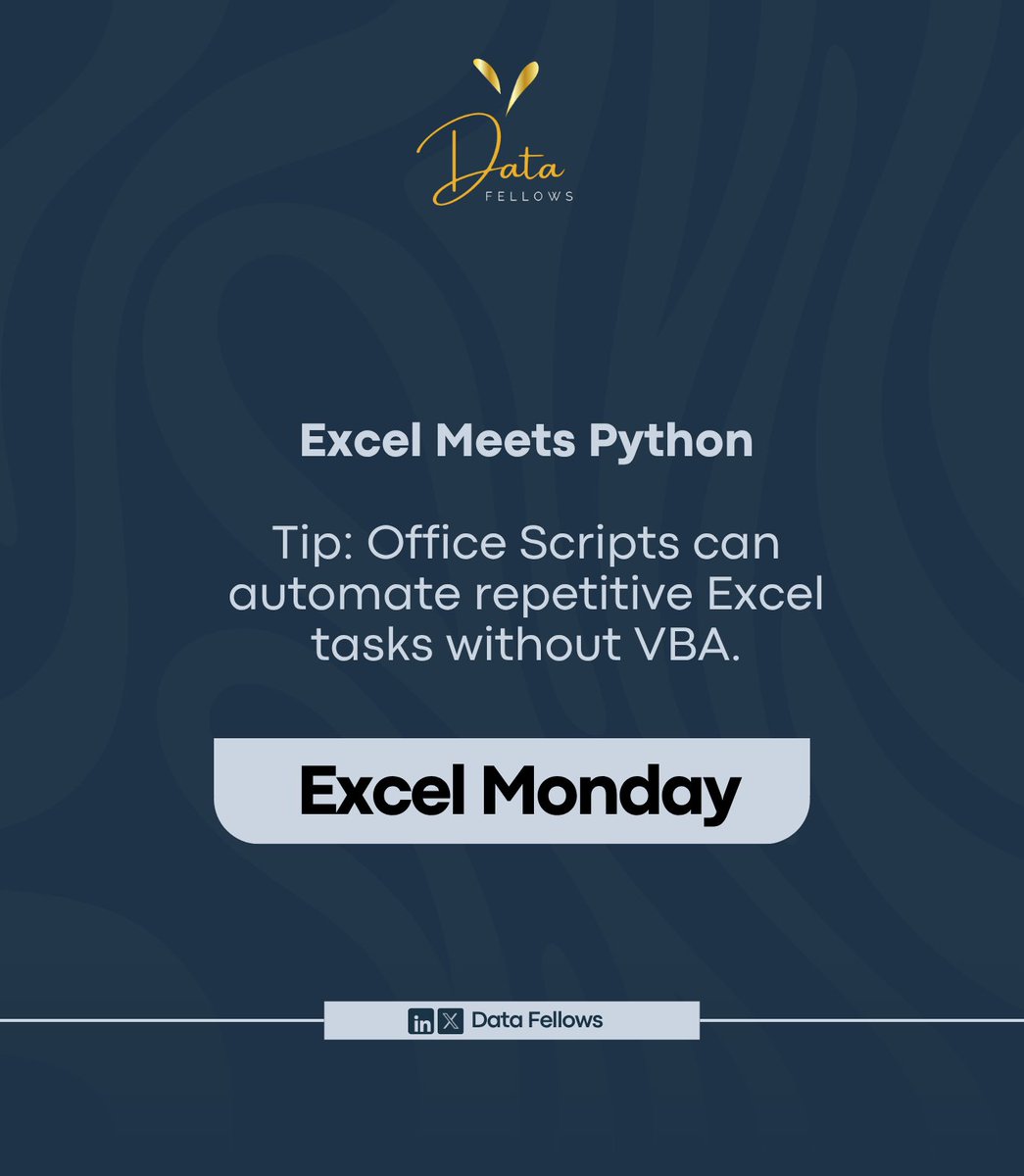 DatafellowsInfo's tweet image. Excel just got smarter
You can now:
* Run Python in Excel
* Trigger workflows with Power Automate
* Automate tasks with Office Scripts (no VBA!)
It’s Excel like you’ve never seen before.
--
#ExcelMonday #PythonInExcel #OfficeScripts #MondayMotivaton #Security