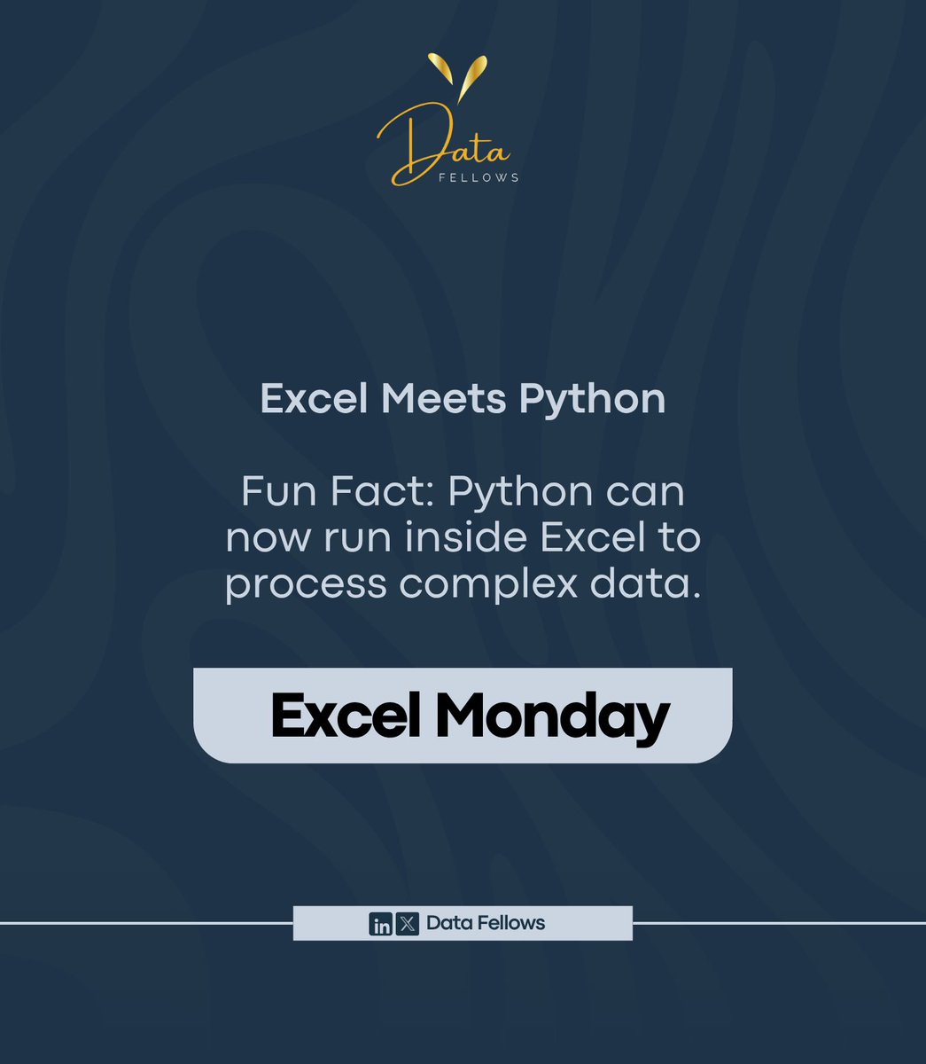 DatafellowsInfo's tweet image. Excel just got smarter
You can now:
* Run Python in Excel
* Trigger workflows with Power Automate
* Automate tasks with Office Scripts (no VBA!)
It’s Excel like you’ve never seen before.
--
#ExcelMonday #PythonInExcel #OfficeScripts #MondayMotivaton #Security