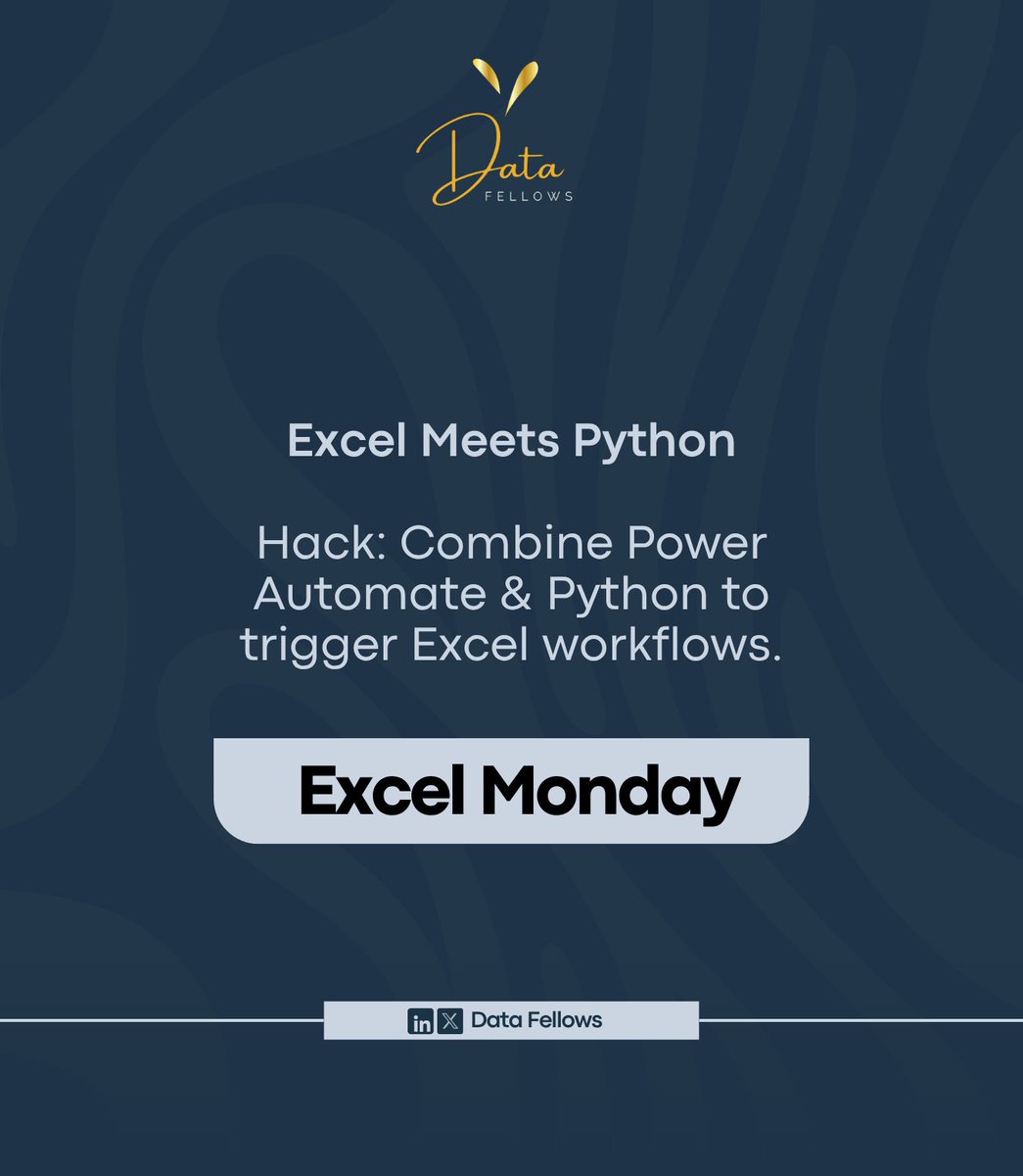 DatafellowsInfo's tweet image. Excel just got smarter
You can now:
* Run Python in Excel
* Trigger workflows with Power Automate
* Automate tasks with Office Scripts (no VBA!)
It’s Excel like you’ve never seen before.
--
#ExcelMonday #PythonInExcel #OfficeScripts #MondayMotivaton #Security