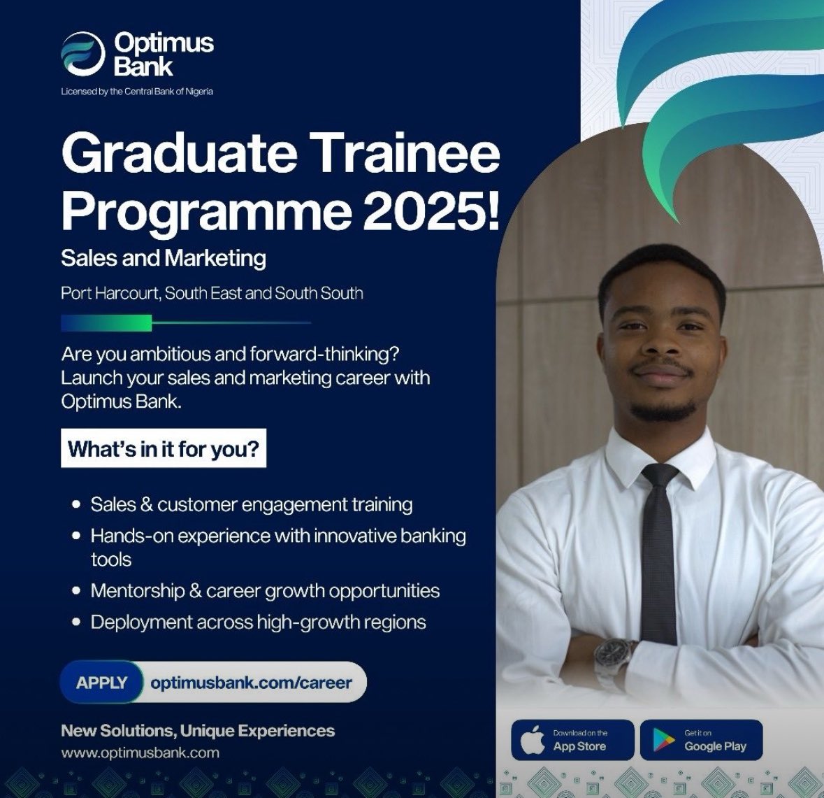 Ready to lead the future of sales and marketing?

Start your journey with the Optimus Bank Graduate Trainee Programme 2025 – 
📍 Now recruiting in Port Harcourt, South East &amp; South South

👉 Apply today: optimusbank.com/career
