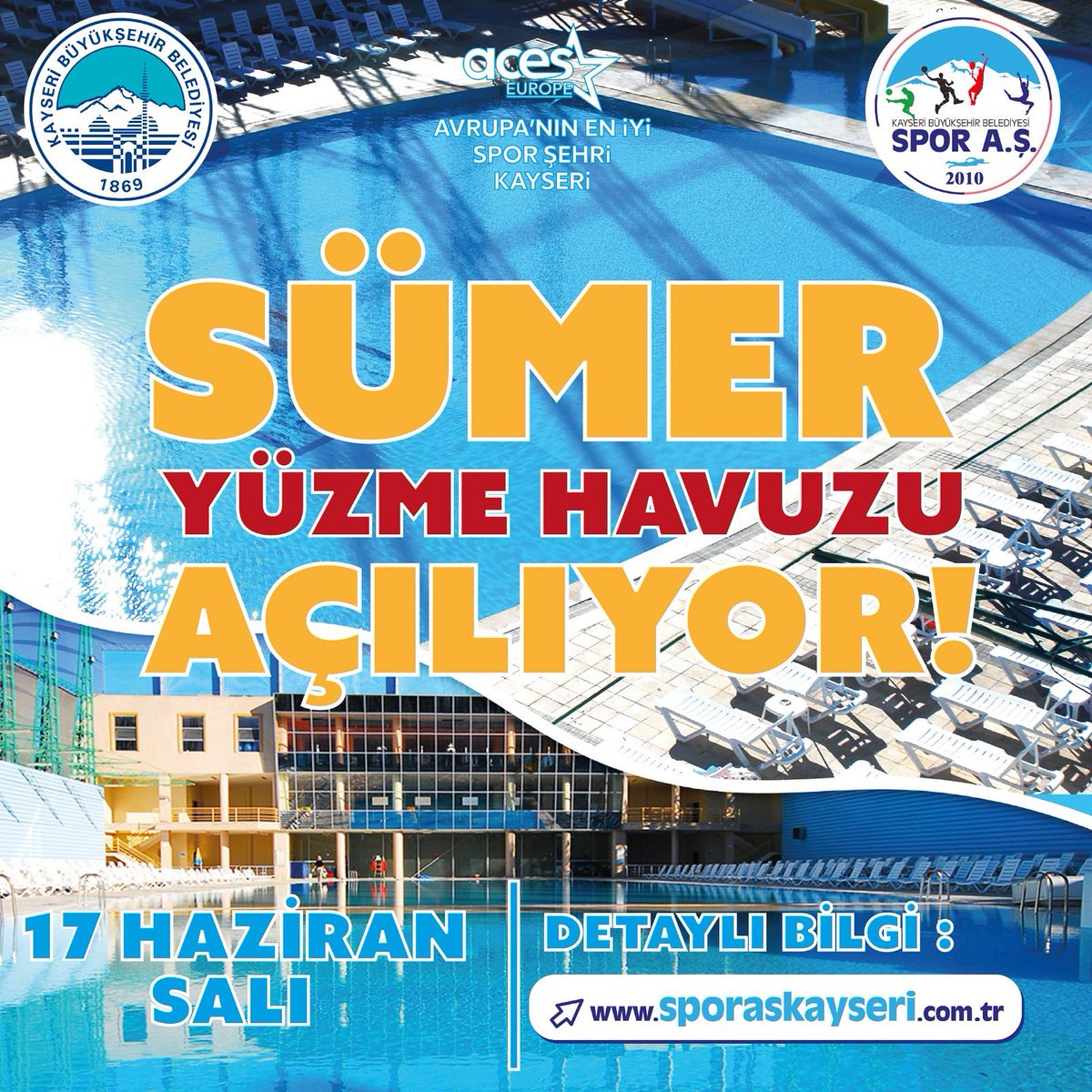 ✅ SÜMER YÜZME HAVUZU AÇILIYOR! ✅

Sümer Yüzme Havuzu tesisimiz 17.06.2025 tarihi itibariyle faaliyete başlıyor! 💦

📅 Hizmet Saatleri:
Hafta içi ve Cumartesi: 13.00 – 18.00
Pazar günü: 12.00 – 18.00

🎟️ Online biletinizi sporaskayseri.com.tr adresinden kolayca