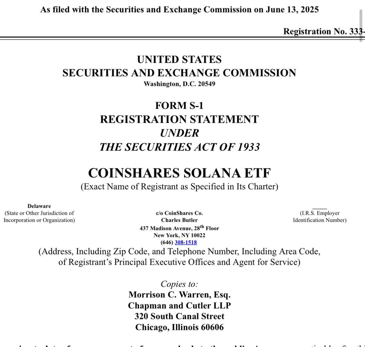 SolanaFloor's tweet photo. 🚨BREAKING: @CoinSharesCo, with over £1.66 billion AUM, has filed its S-1 application for a Spot @Solana ETF. https://t.co/jHcnyYues6