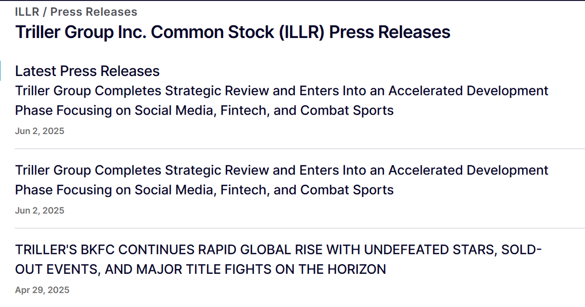 CrusaderStocks's tweet photo. $ILLR (Nasdaq: ILLR) Triller Group Inc. Common Stock (ILLR) Press Releases @triller @triller_IR @jctb1 @TheWingFai https://t.co/Sfpbyxk8Hc #OnALERT #Nasdaq https://t.co/r1QkXXKLWE